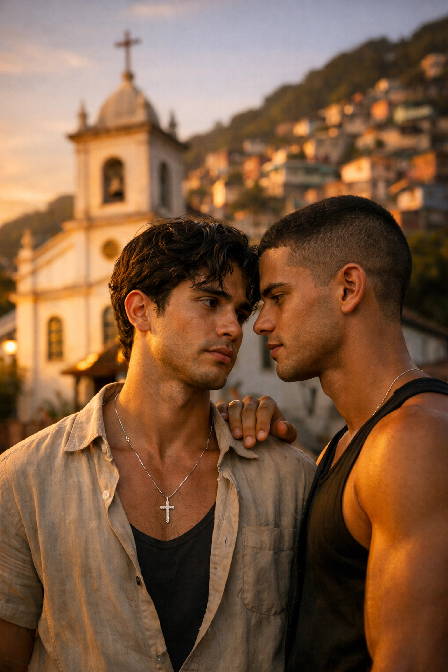 Two men in intimate moment outside Rio Catholic church representing gay romance and religious conflict