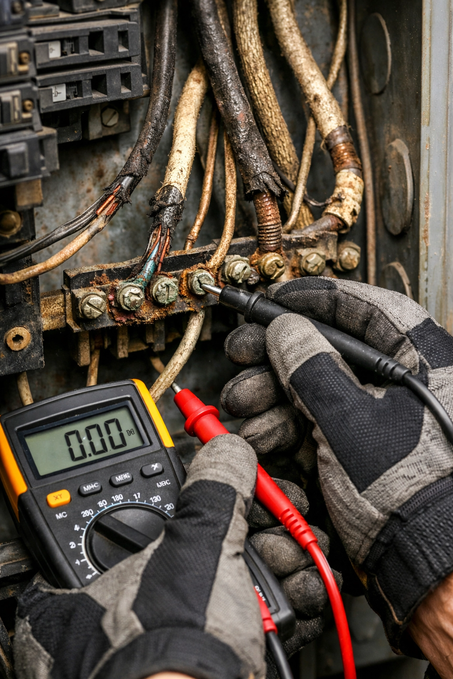 Electrician inspecting deteriorating wiring in commercial electrical panel in Rugby