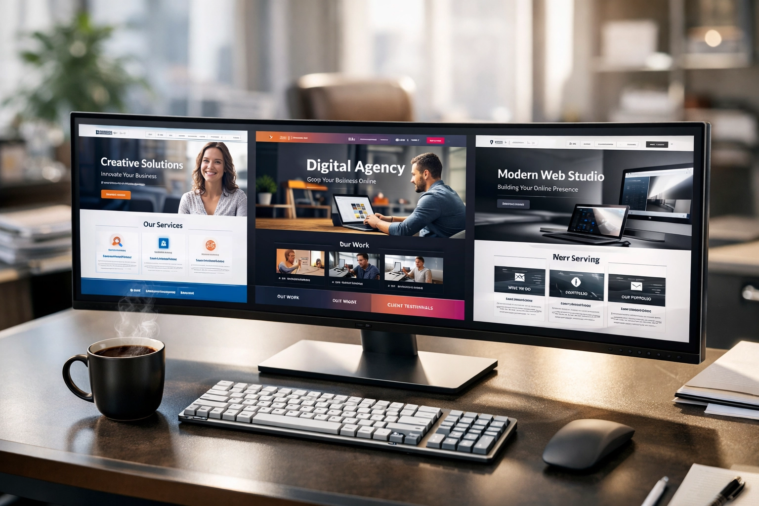 Modern office monitor showing rapid AI-generated B2B website design variations.