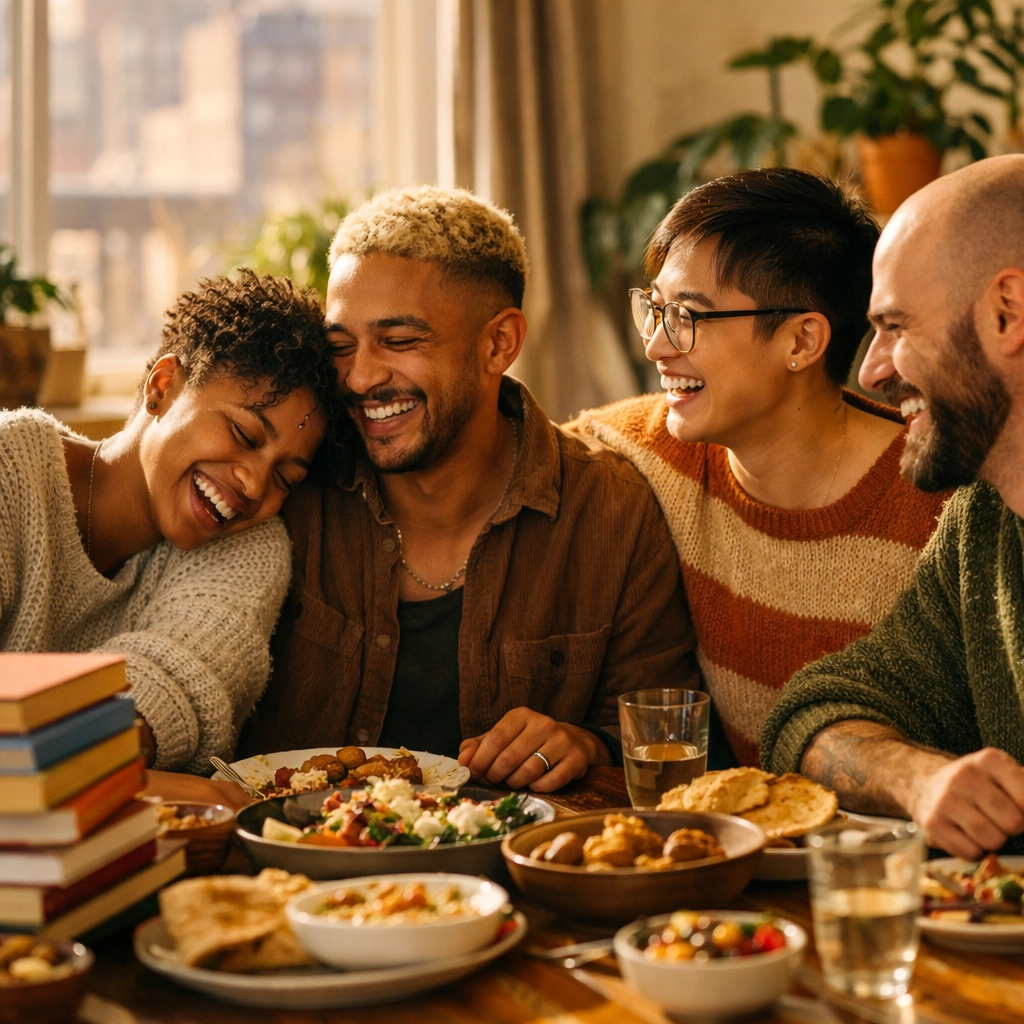 Diverse LGBTQ+ friends laughing and sharing a meal, representing the supportive joy of a chosen family safety net.