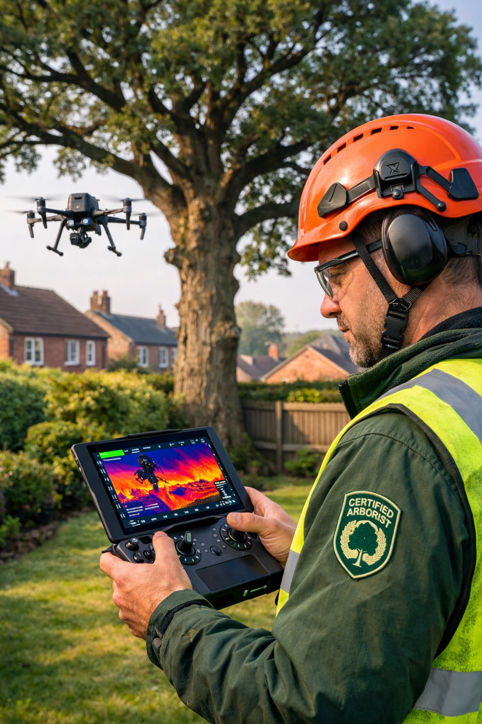 Professional tree surgeon using drone technology to inspect oak tree for disease and pest detection