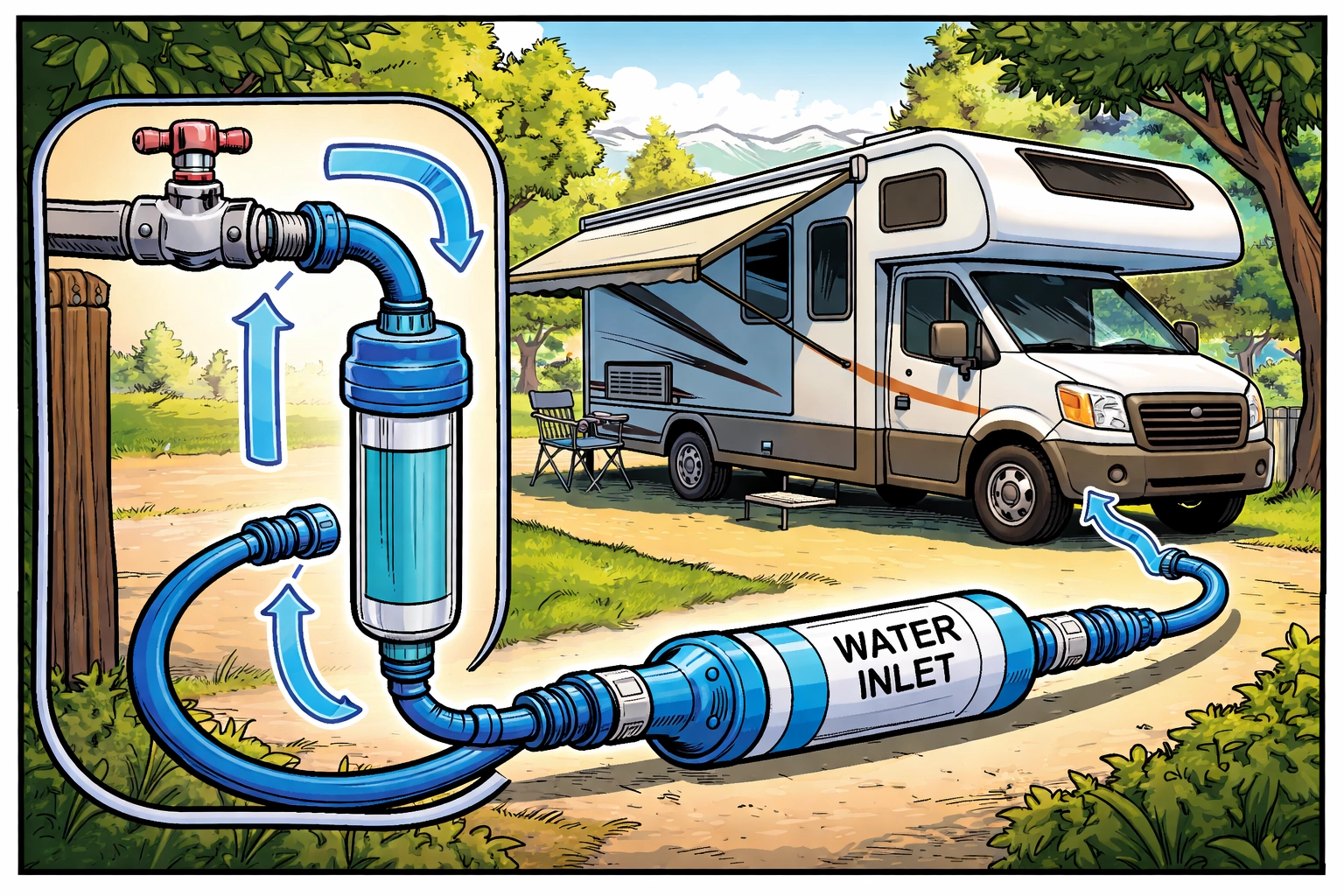 Illustration of an RV at a campground using an external inline RV water filter connected to the water supply hose.