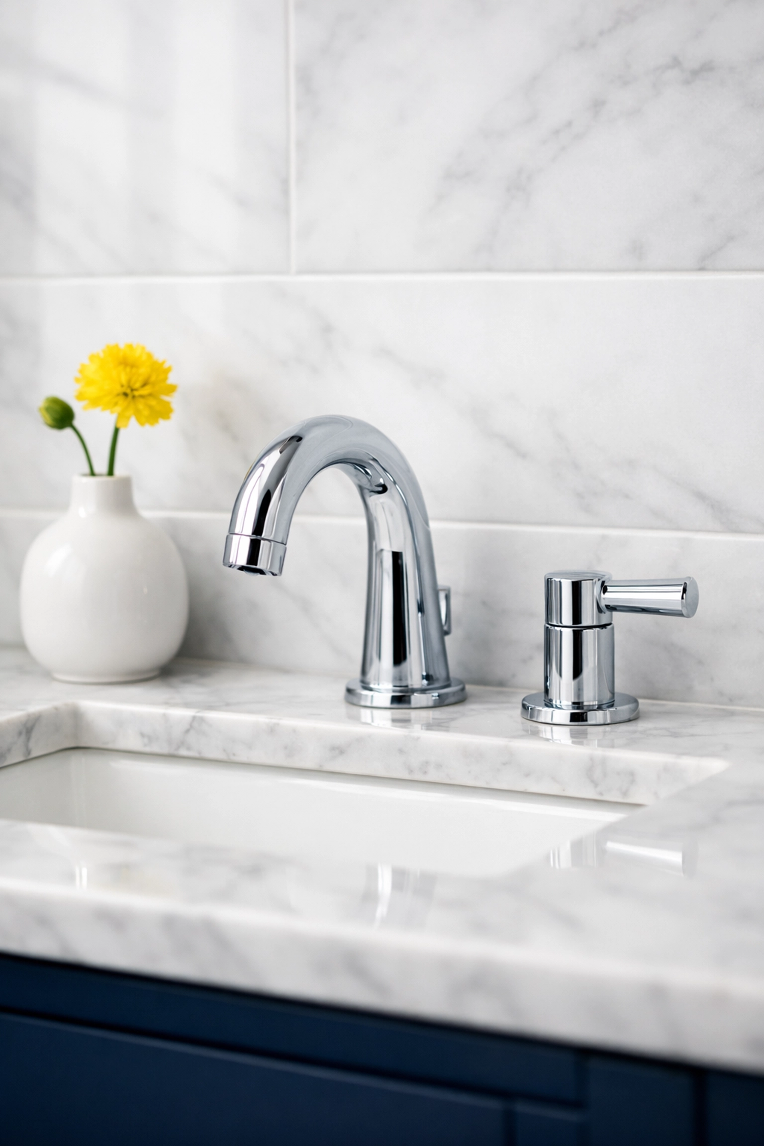 Sparkling clean bathroom faucet and marble tiles, a key part of Apartment Cleaning Boston services.