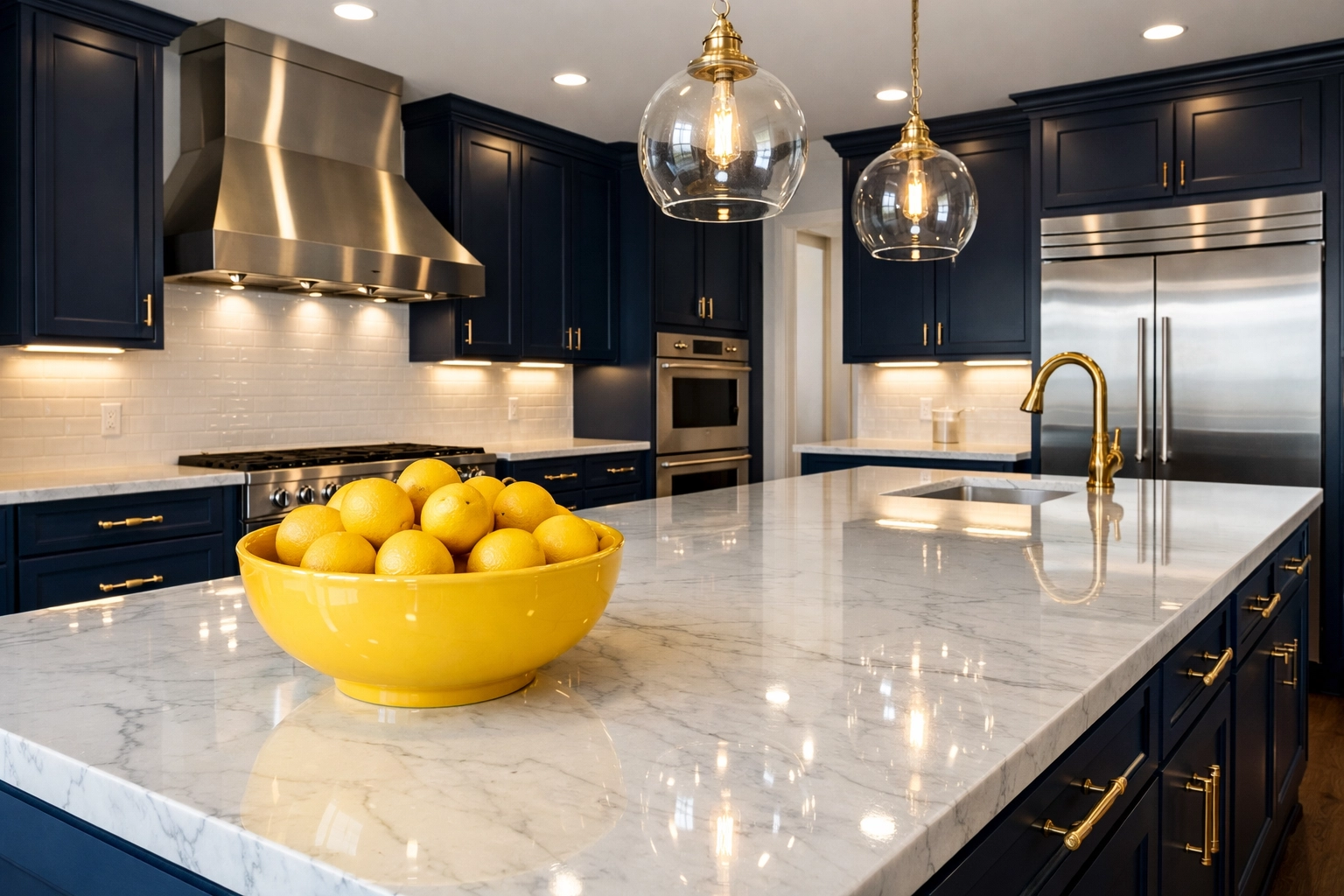 Pristine white kitchen with marble countertops showing the results of professional apartment cleaning in Leominster MA.