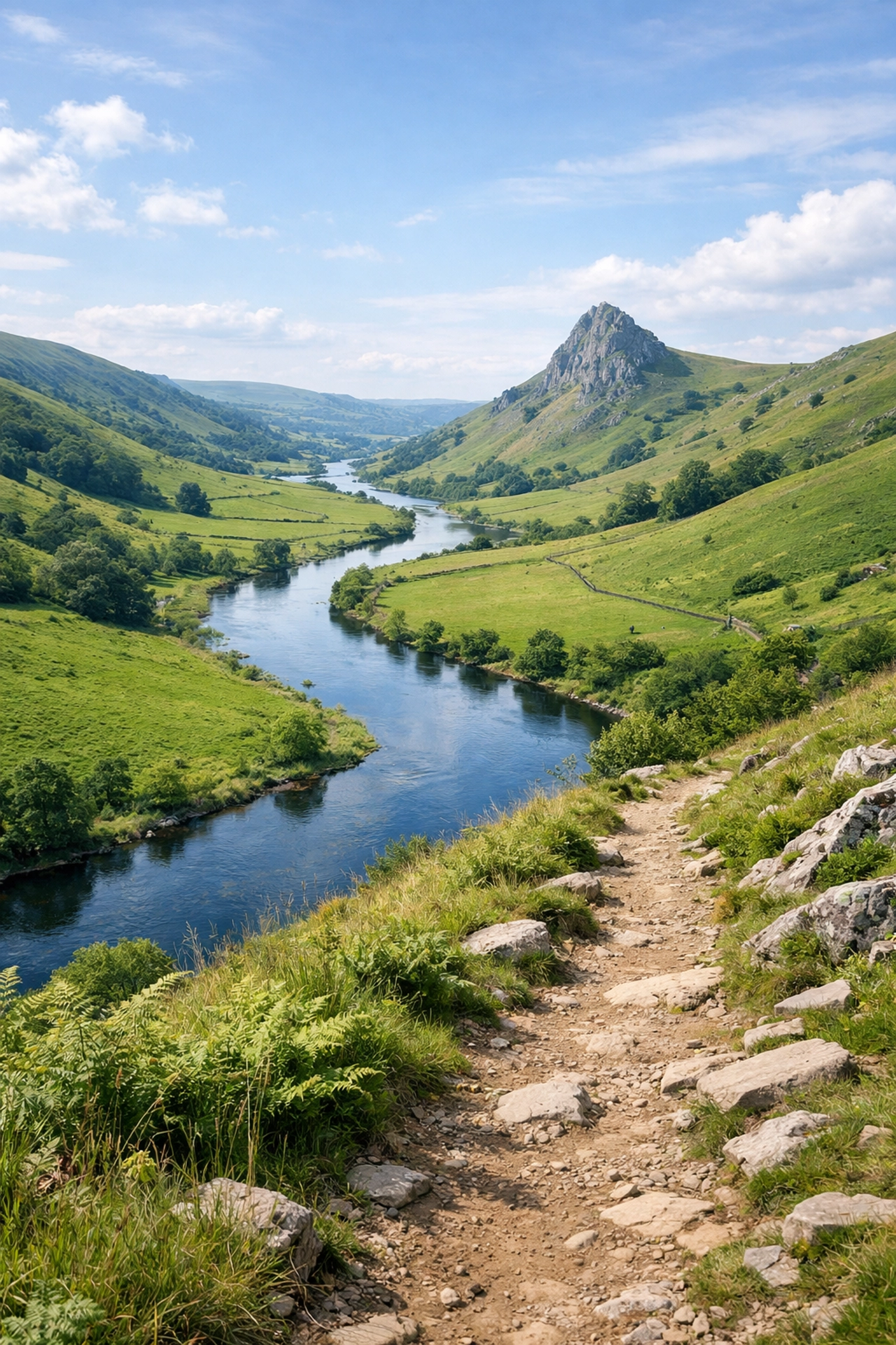 A winding river used as a navigational handrail through a lush green UK valley.