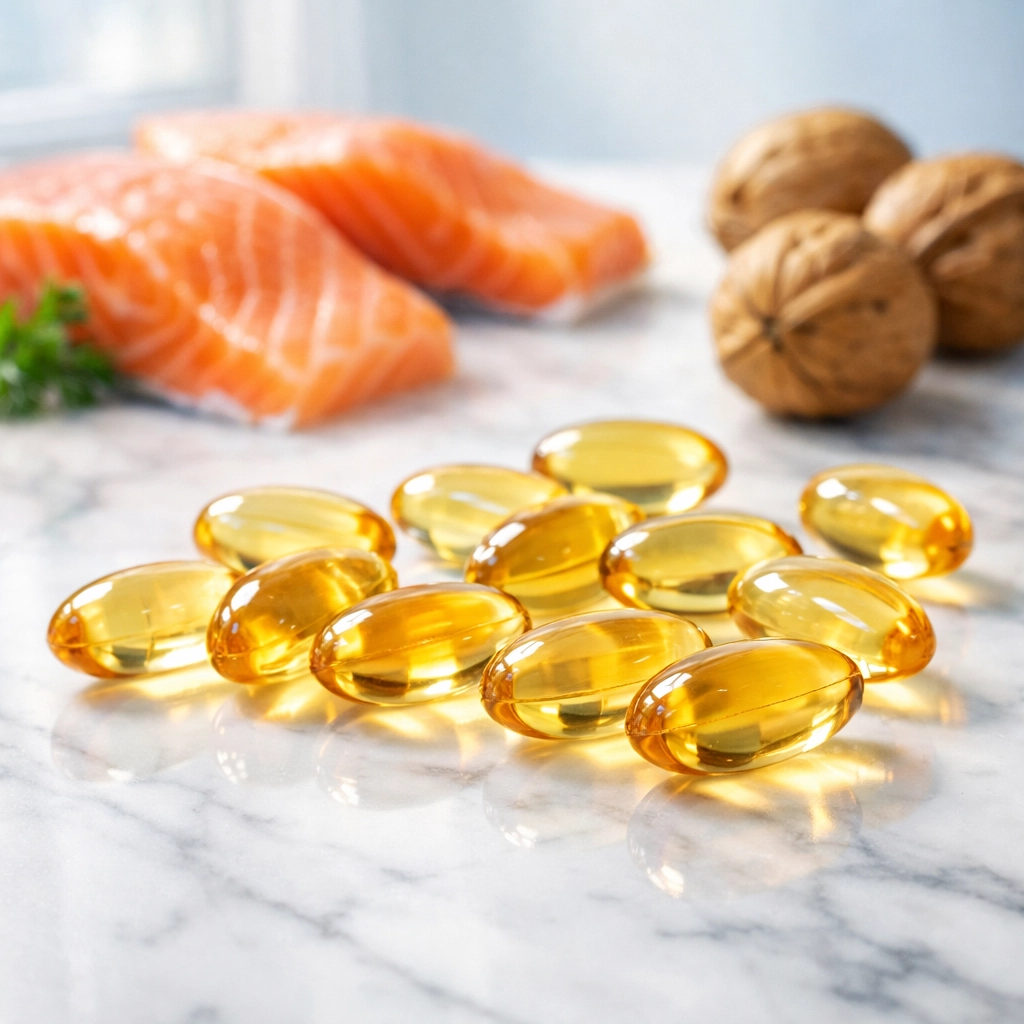 Omega-3 fish oil capsules with salmon and walnuts, natural sources of DHA for brain health