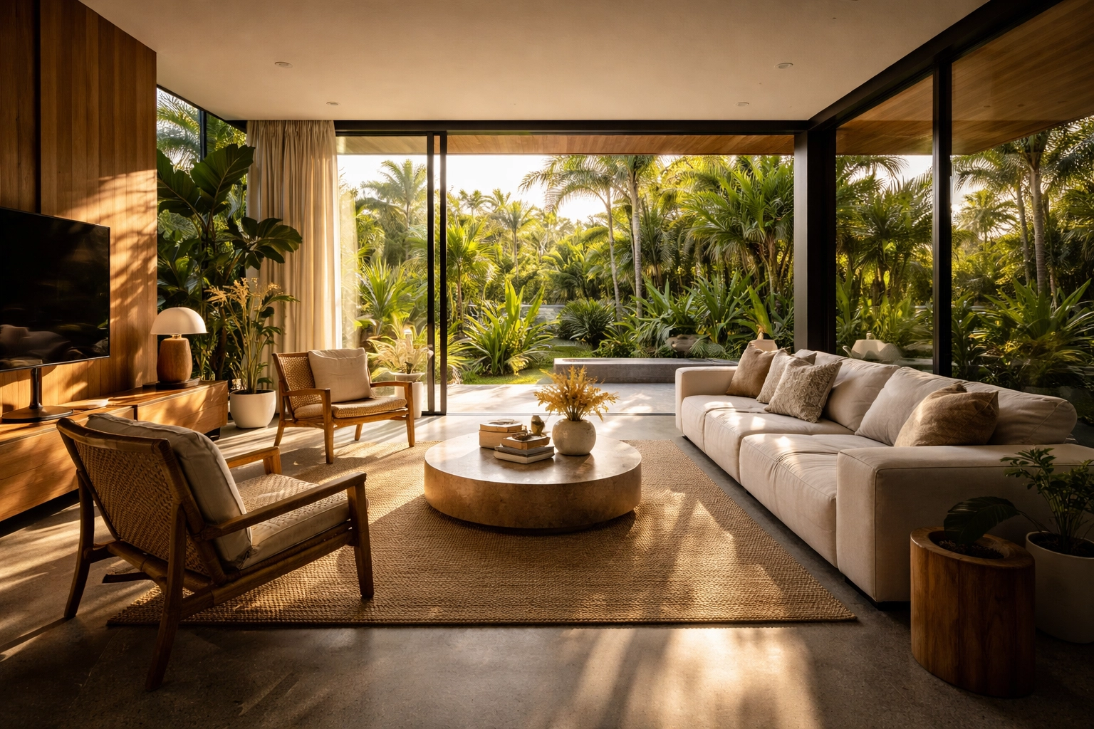 Luxurious open-plan Brisbane home interior with natural light, modern furniture, and subtropical garden views