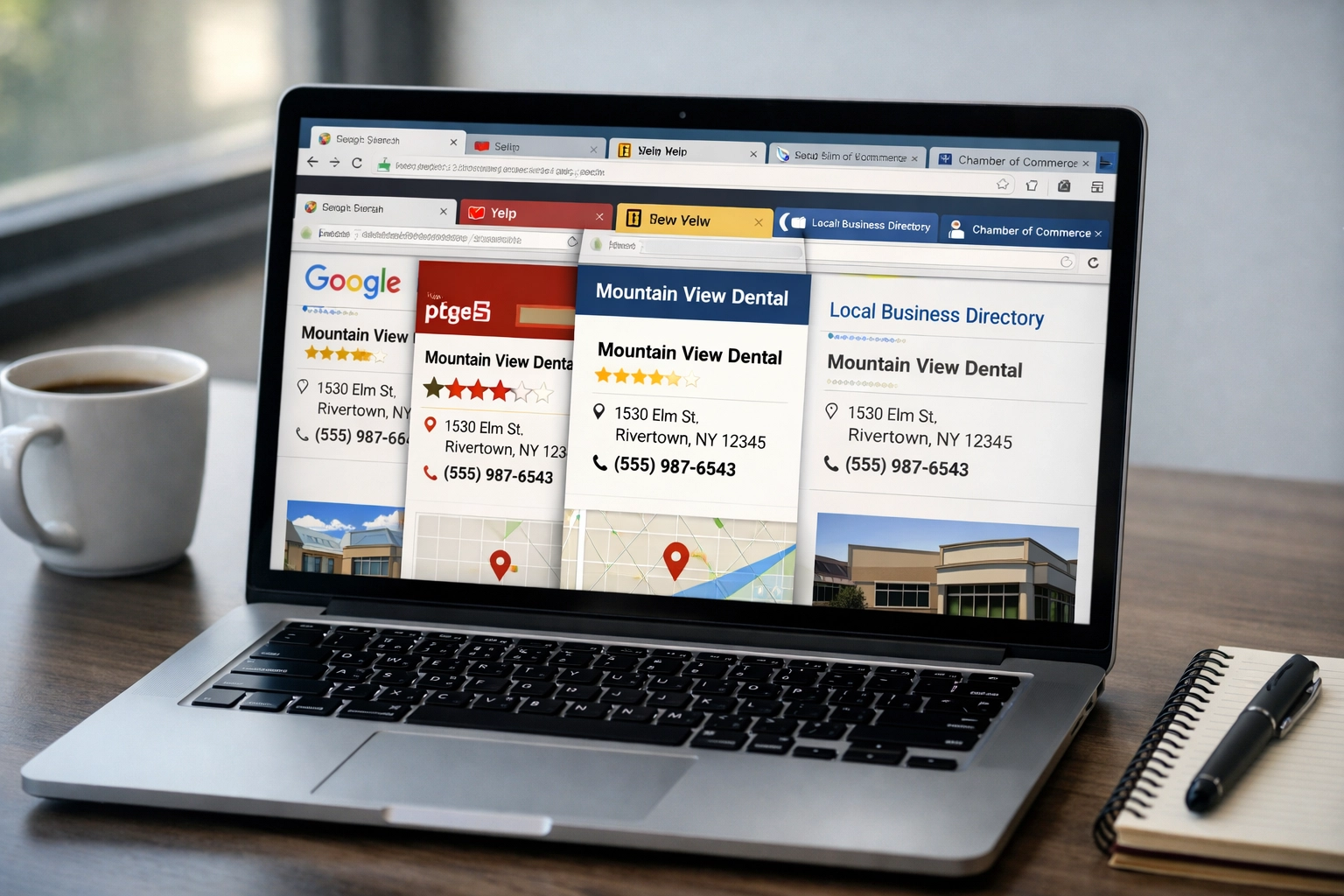 Laptop screen showing consistent business information across multiple online directories
