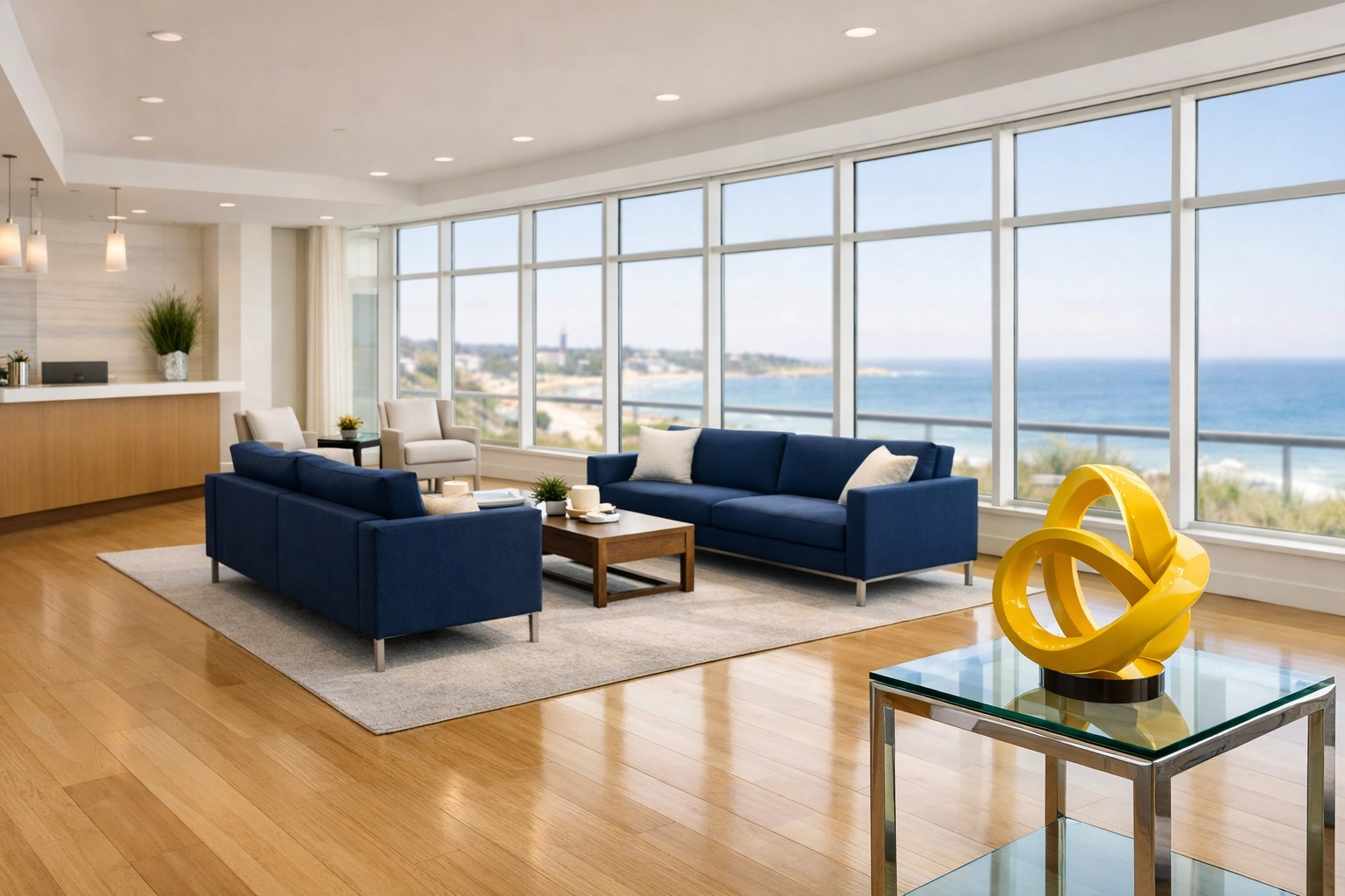 Pristine Scituate commercial office lobby with polished floors and professional coastal decor.