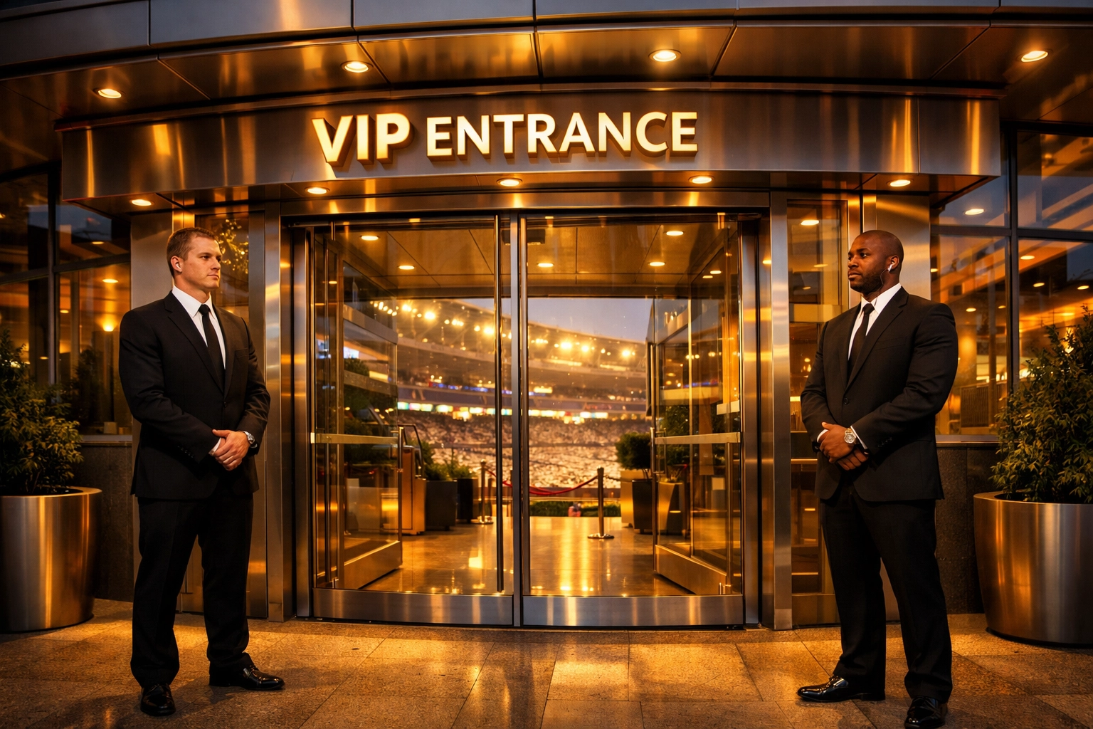 Discreet security specialists guarding a private VIP stadium entrance for high-stakes corporate guests.
