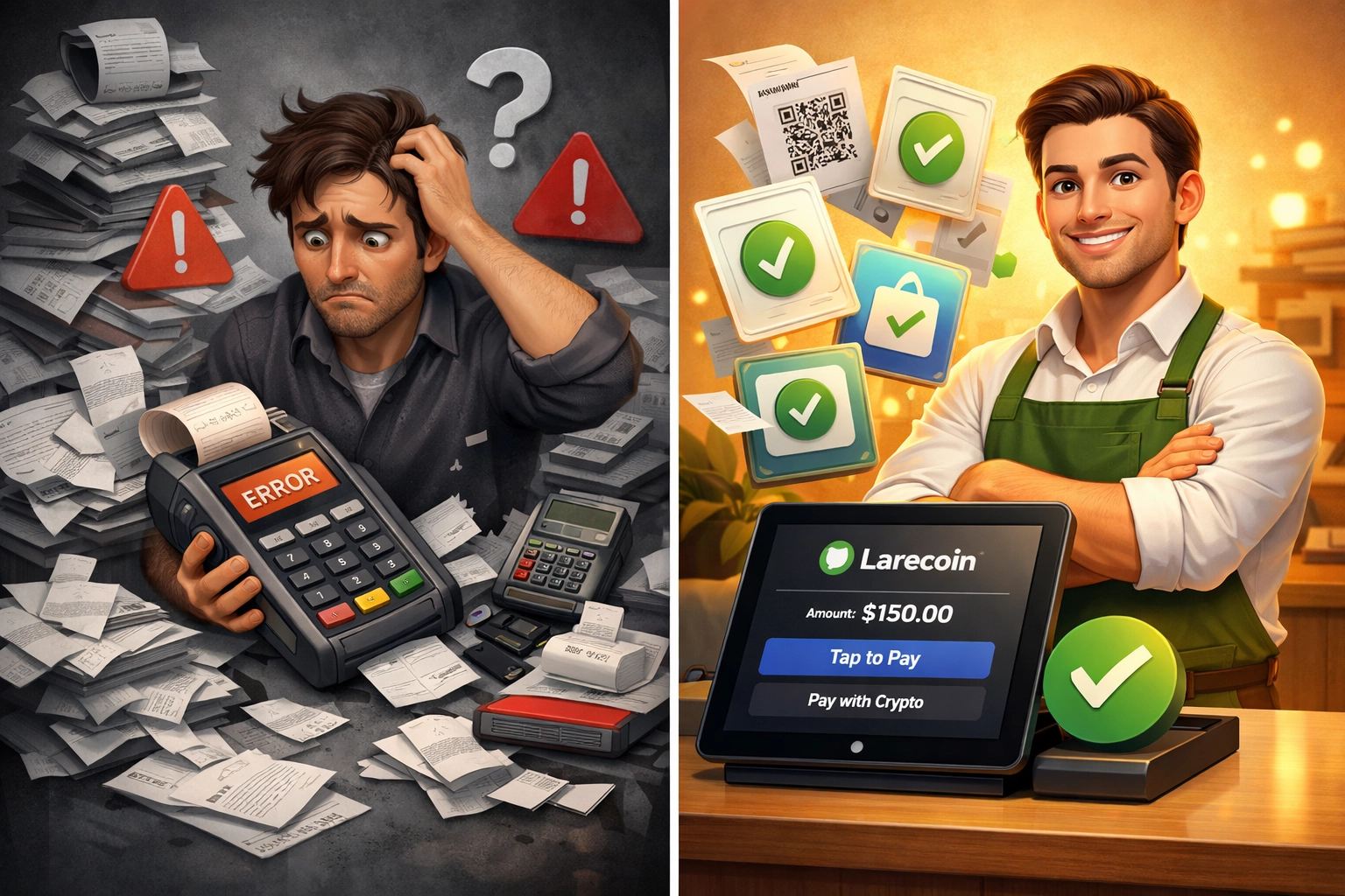 Merchant comparing traditional payment processors versus Larecoin crypto payment system with lower fees