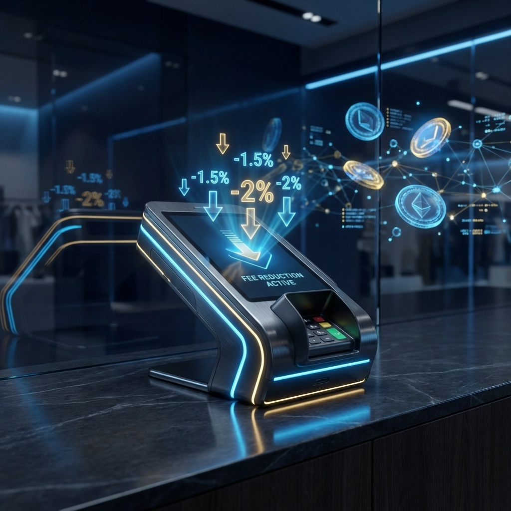 A futuristic digital payment terminal highlights reduced fees and crypto payment efficiency in a modern store setting.