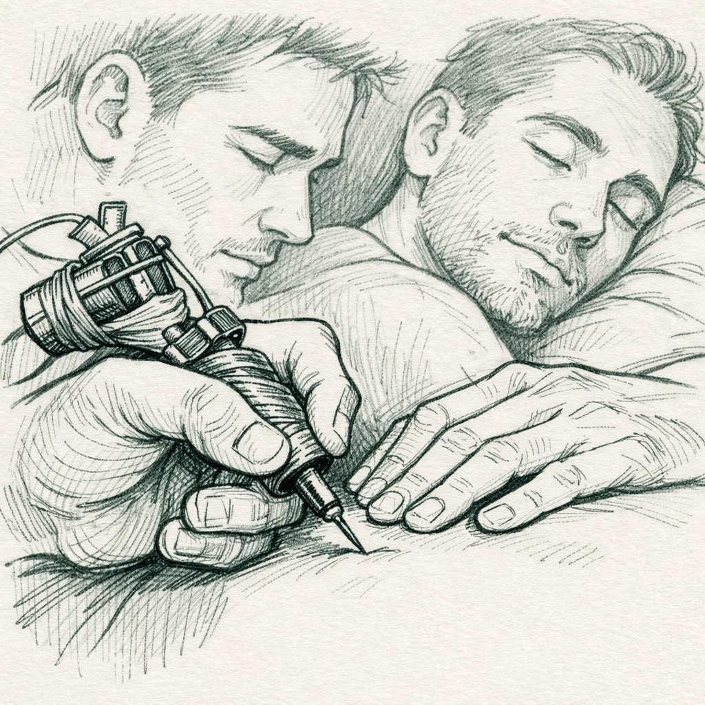 Prison tattoo artist creating permanent mark of devotion - gay romance couple