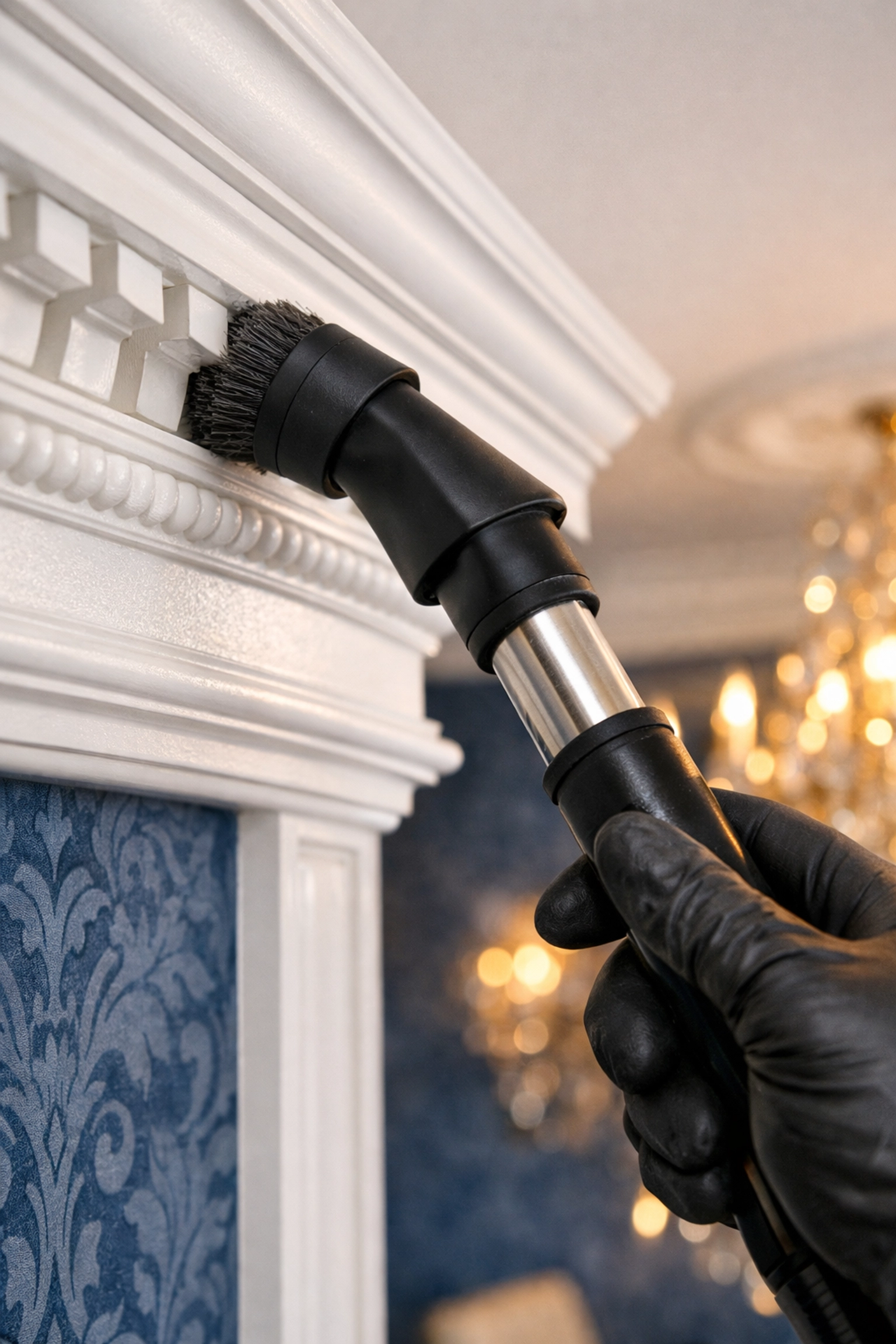 Expert detail cleaning of high-end crown molding for superior residential cleaning Massachusetts in Dover.