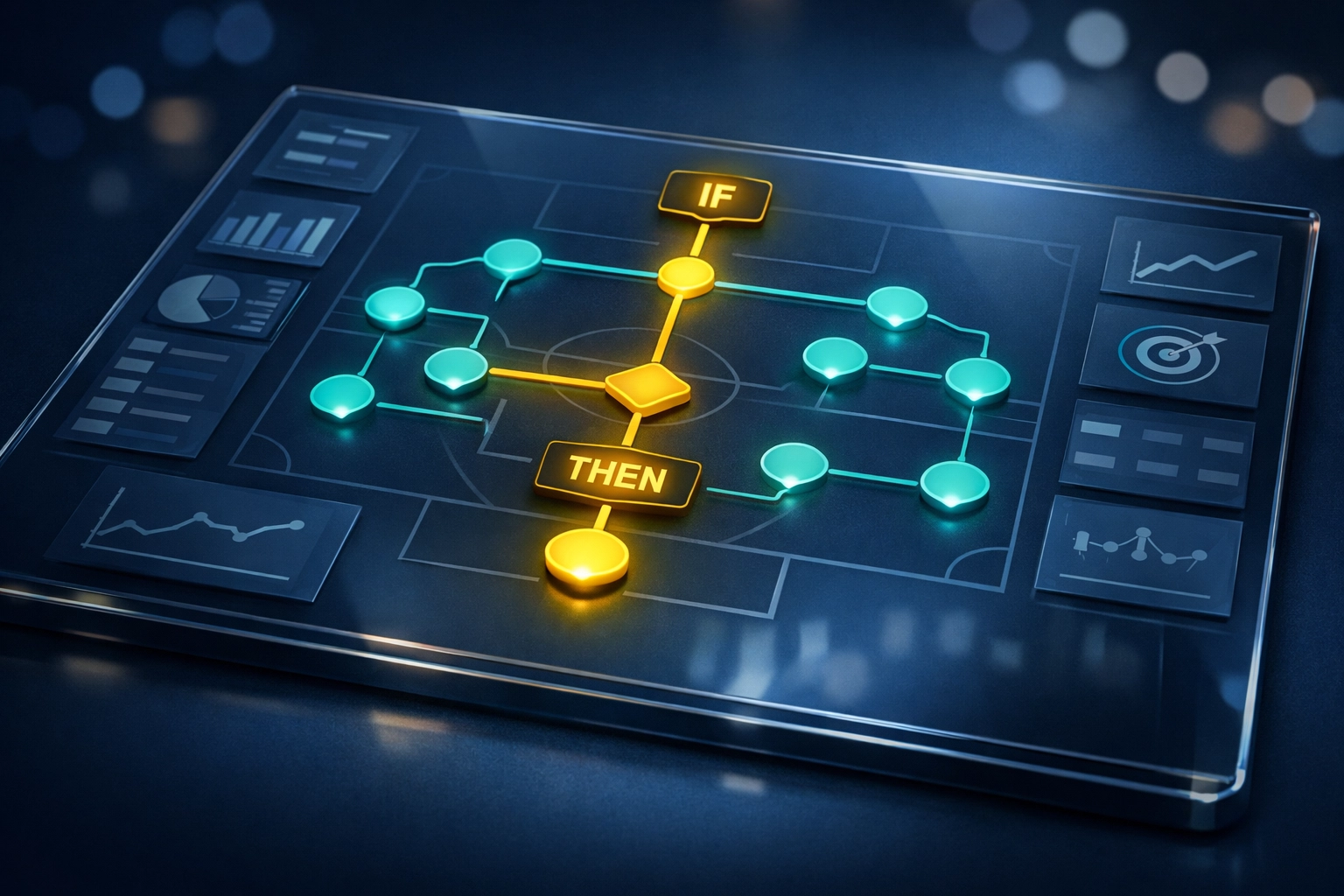 Sports analytics dashboard showing decision-tree logic for in-play football betting strategies.