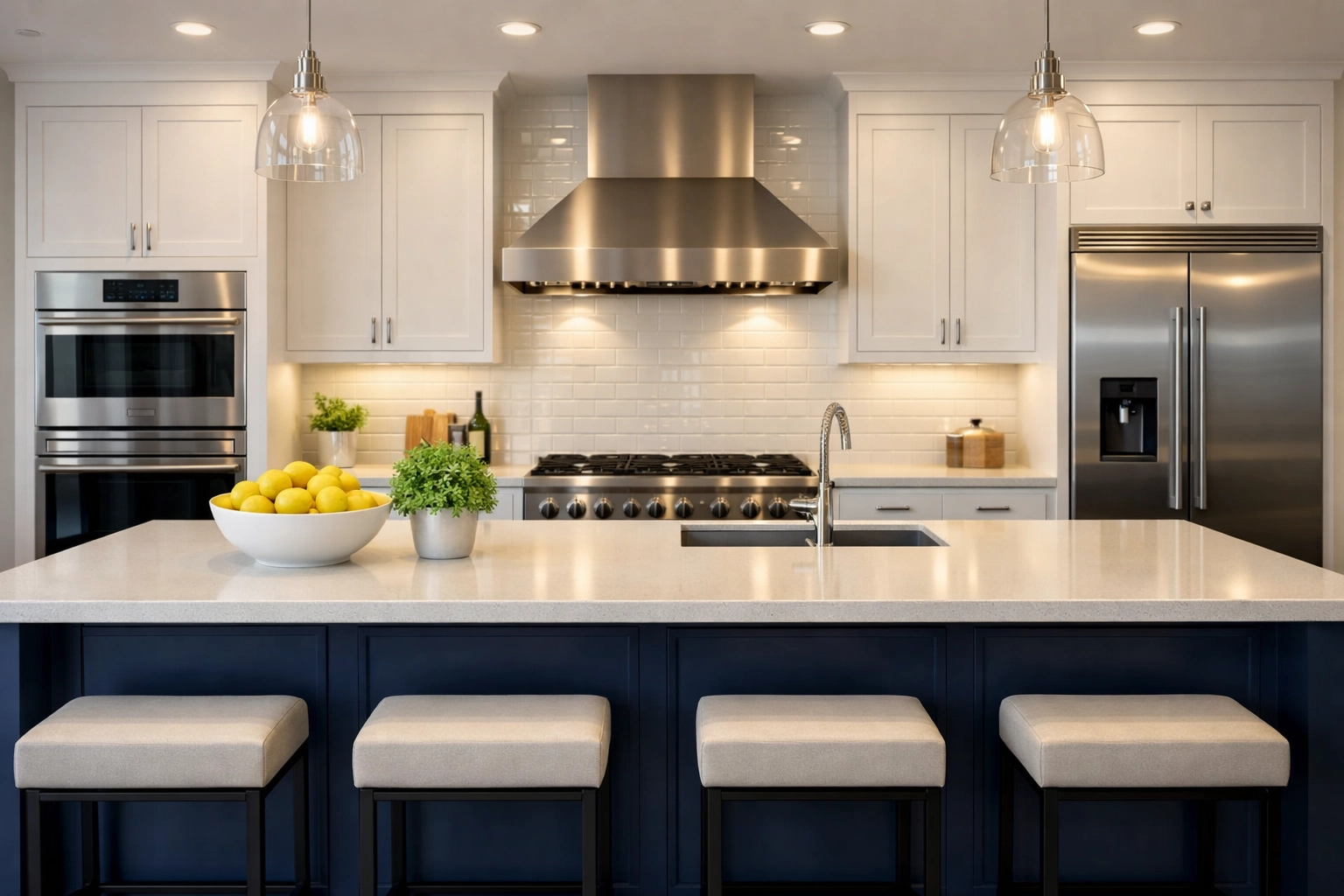 Modern kitchen with quartz counters sparkling after eco-friendly residential cleaning Massachusetts.