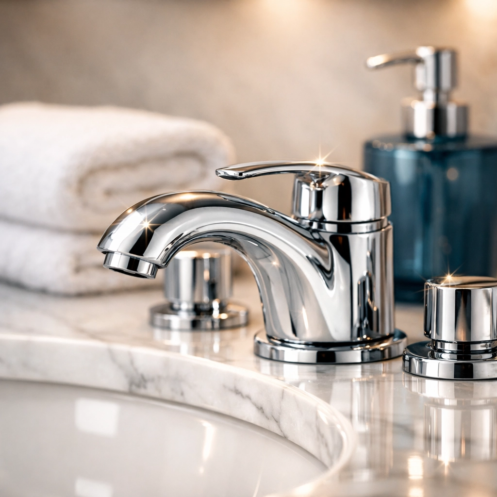 Close-up of a sanitized, streak-free bathroom vanity after professional house cleaning in Maynard, MA.