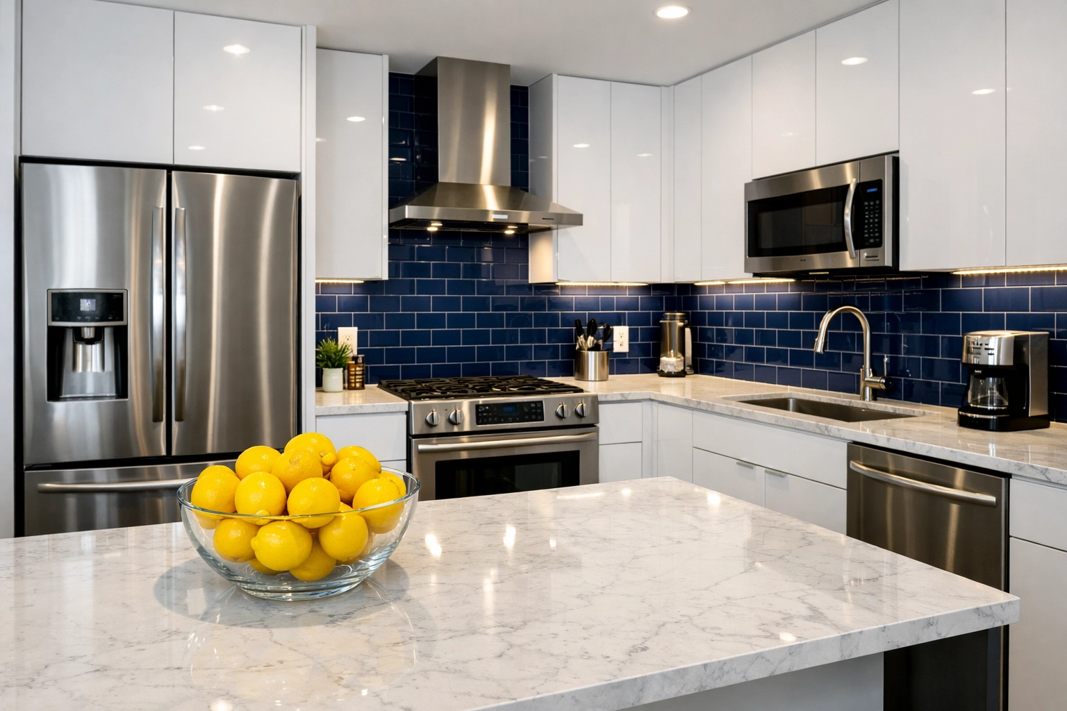 Minimalist kitchen with gleaming marble countertops after a professional deep house cleaning in Cambridge service.