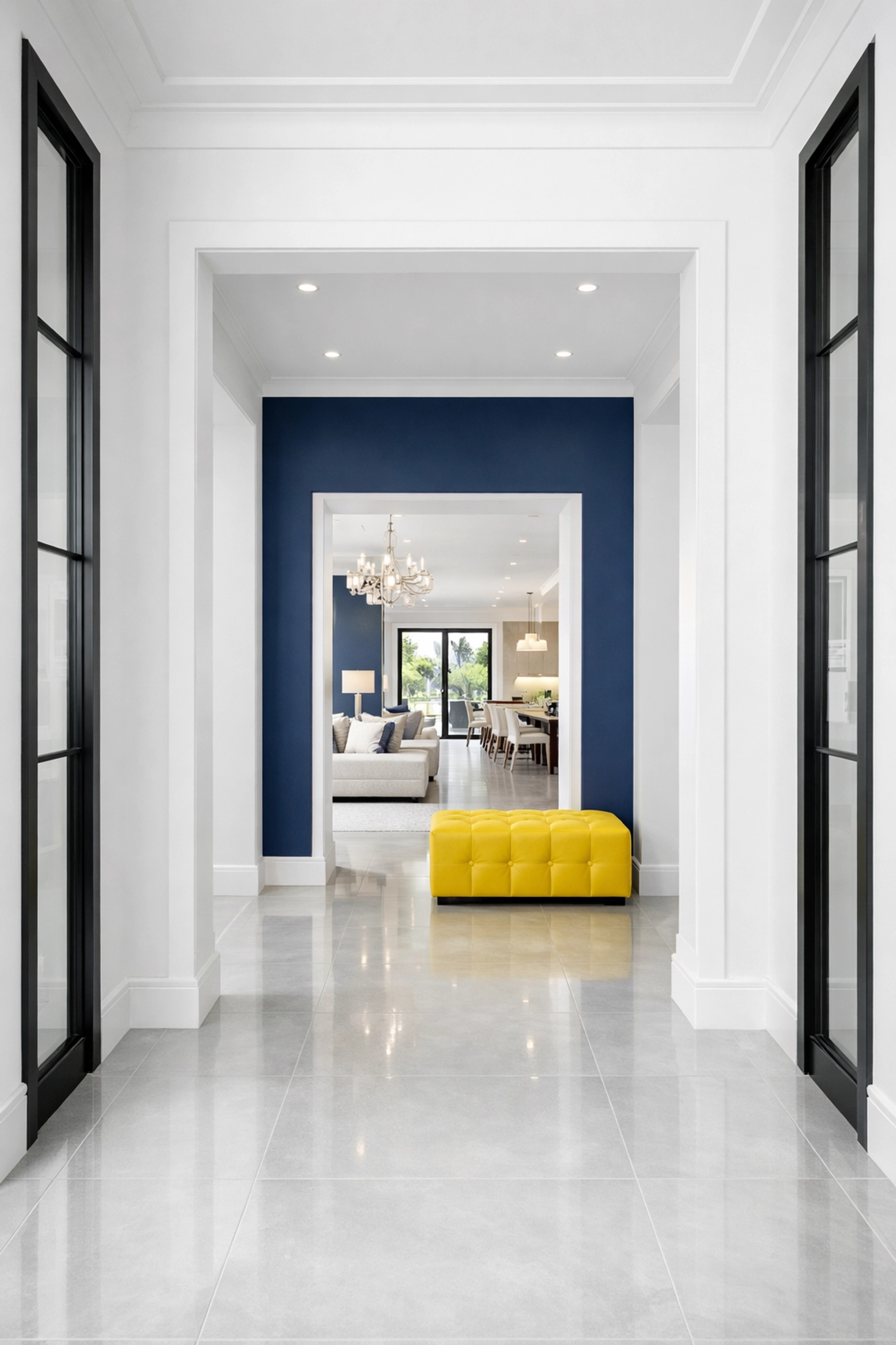 Clean, bright entryway of a Leominster home with perfectly polished tile floors and modern decor.