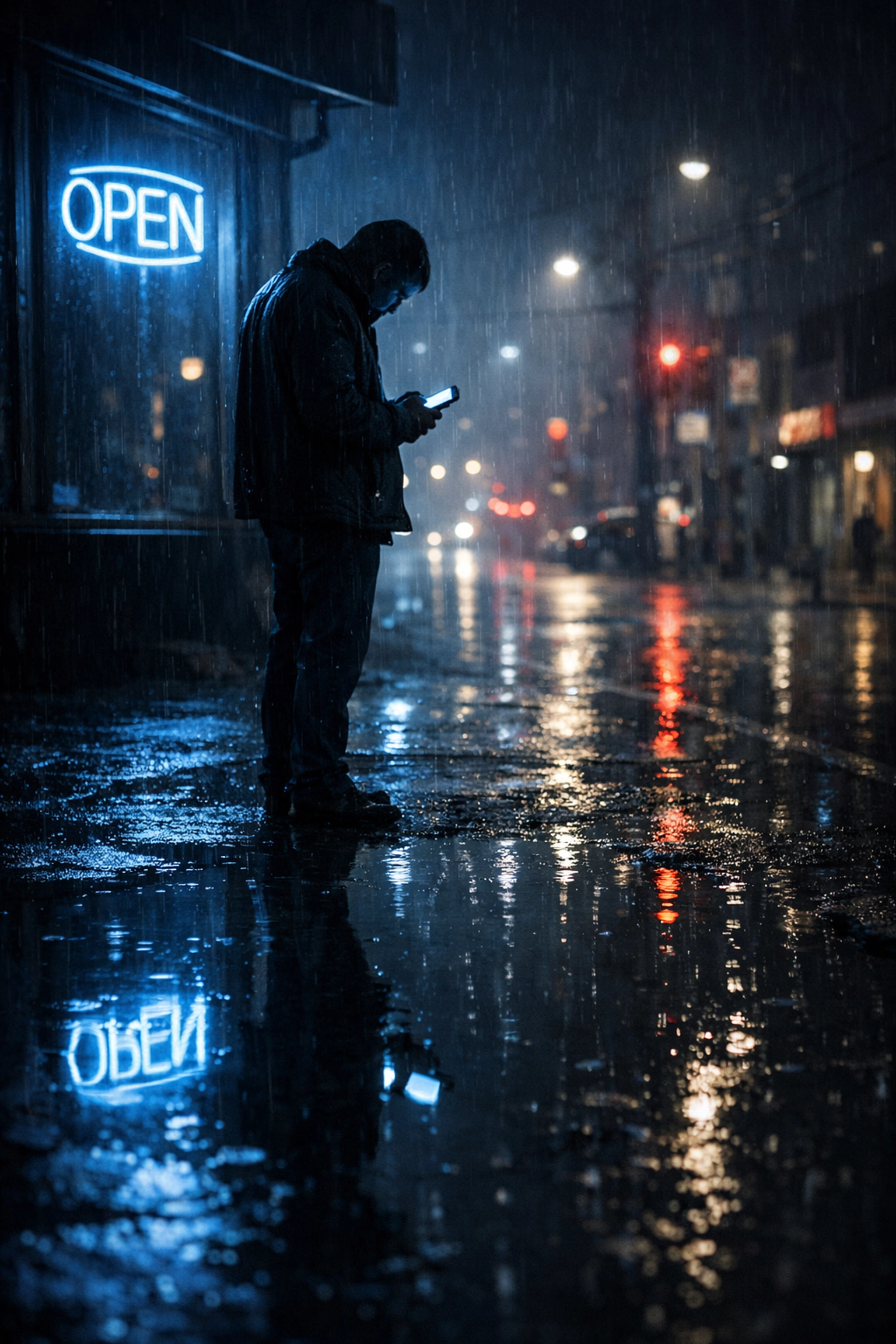 A slumped man alone on a rainy street at night, illustrating the isolation and loss of a life destroyed by drugs.