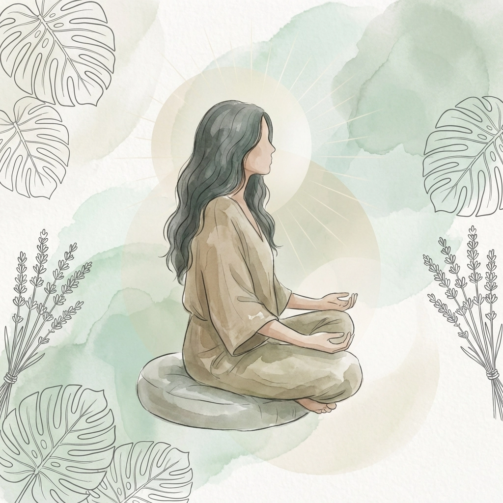 Calm image of a meditative pose with botanical accents, highlighting mindfulness and meditation practices for mind-body balance and stress solutions.