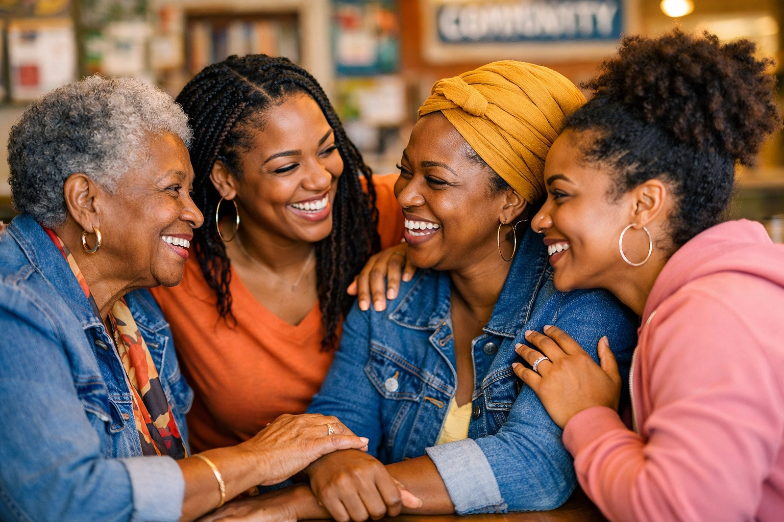 Supportive group of Black women in South Jersey discussing rent assistance and building community resilience.