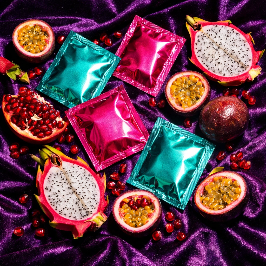 Exotic fruit and colorful flavored condoms on purple velvet, perfect gifts for wife on first night.