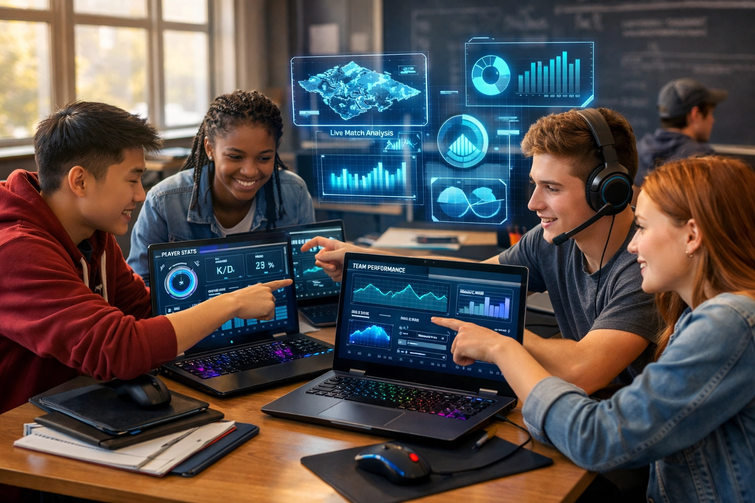 High school students analyzing esports data and performance metrics in modern classroom setting