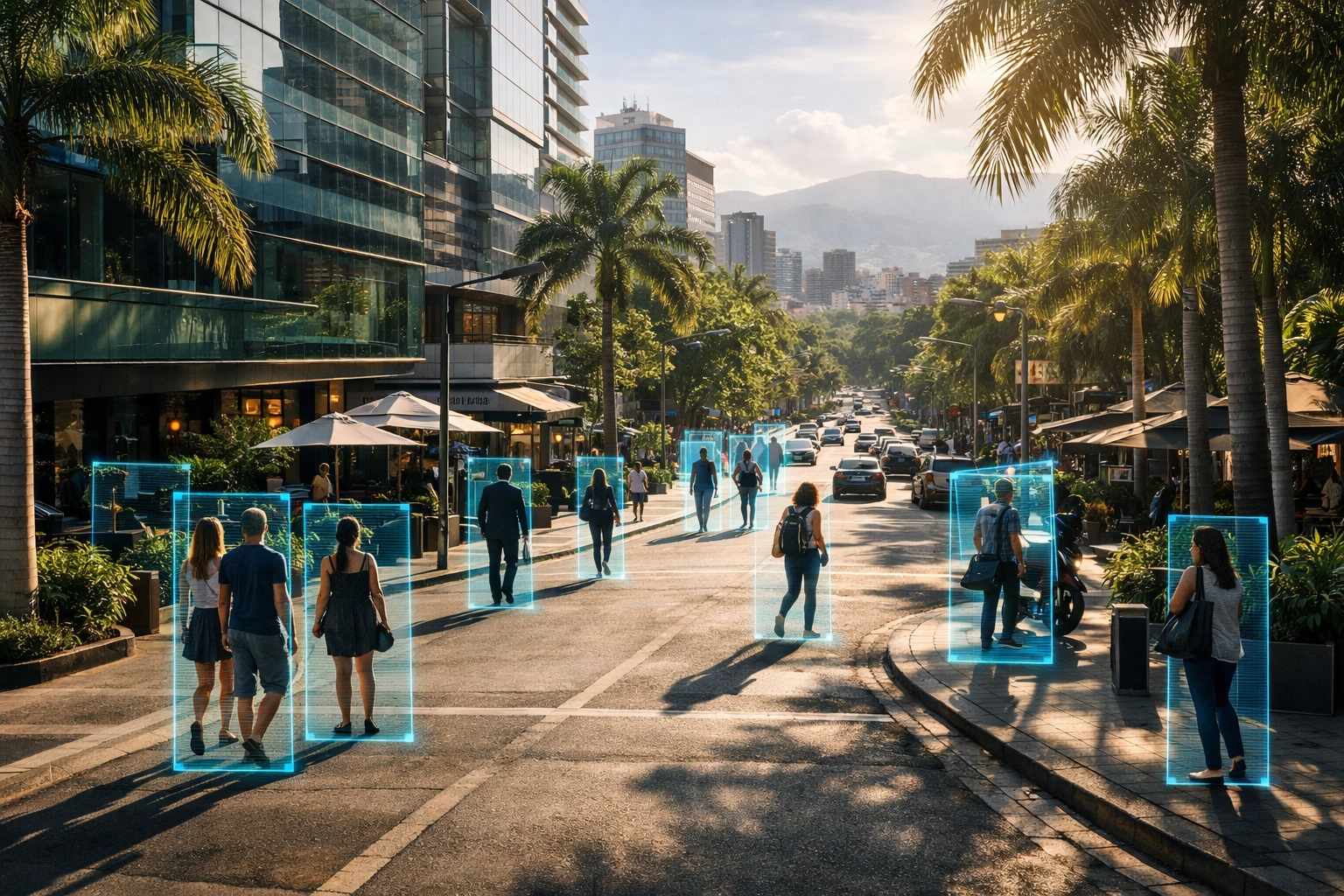 AI threat detection digital scanning of a street in El Poblado for advanced Medellin security.