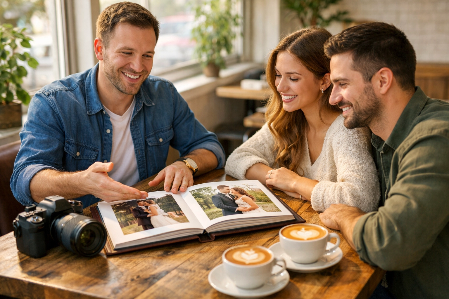 Wedding photographer meeting with a couple to review a professional photo album in a cafe.