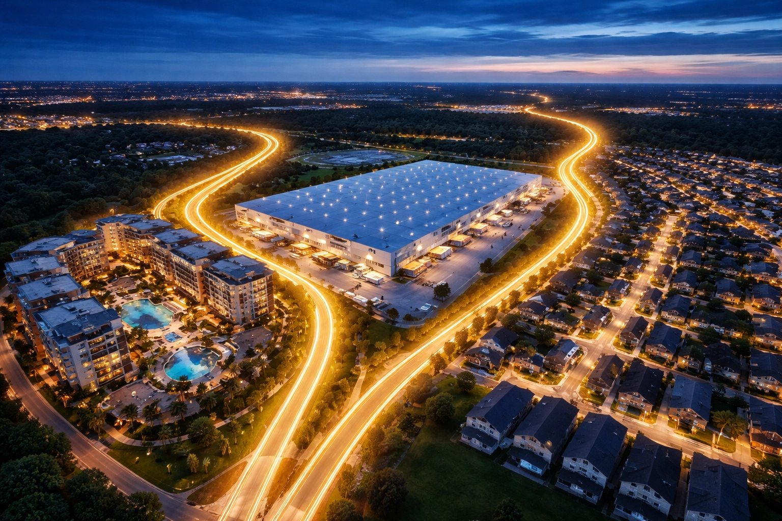 Diverse real estate portfolio with apartment complex, warehouse, and suburban homes shown from above.