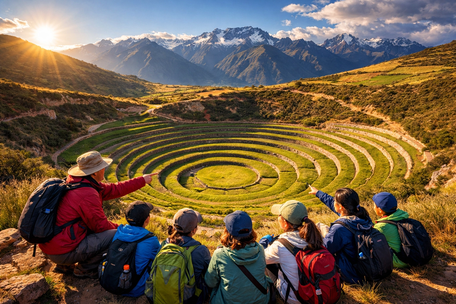 Students and teachers exploring the Moray agricultural terraces in the Sacred Valley on a Peru educational trip.