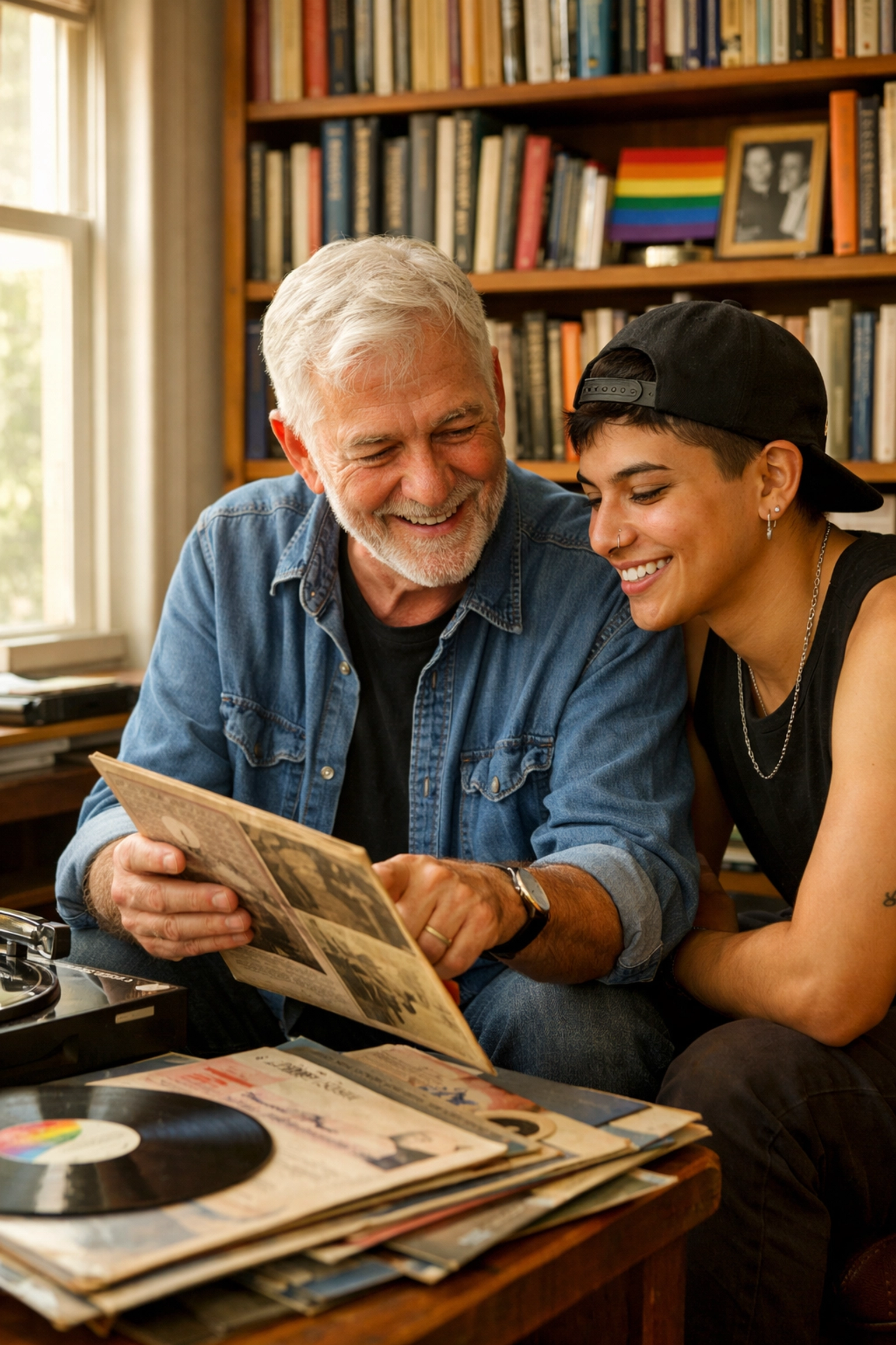 An older gay man and younger queer person in a library, representing the found family elders trope in gay fiction.