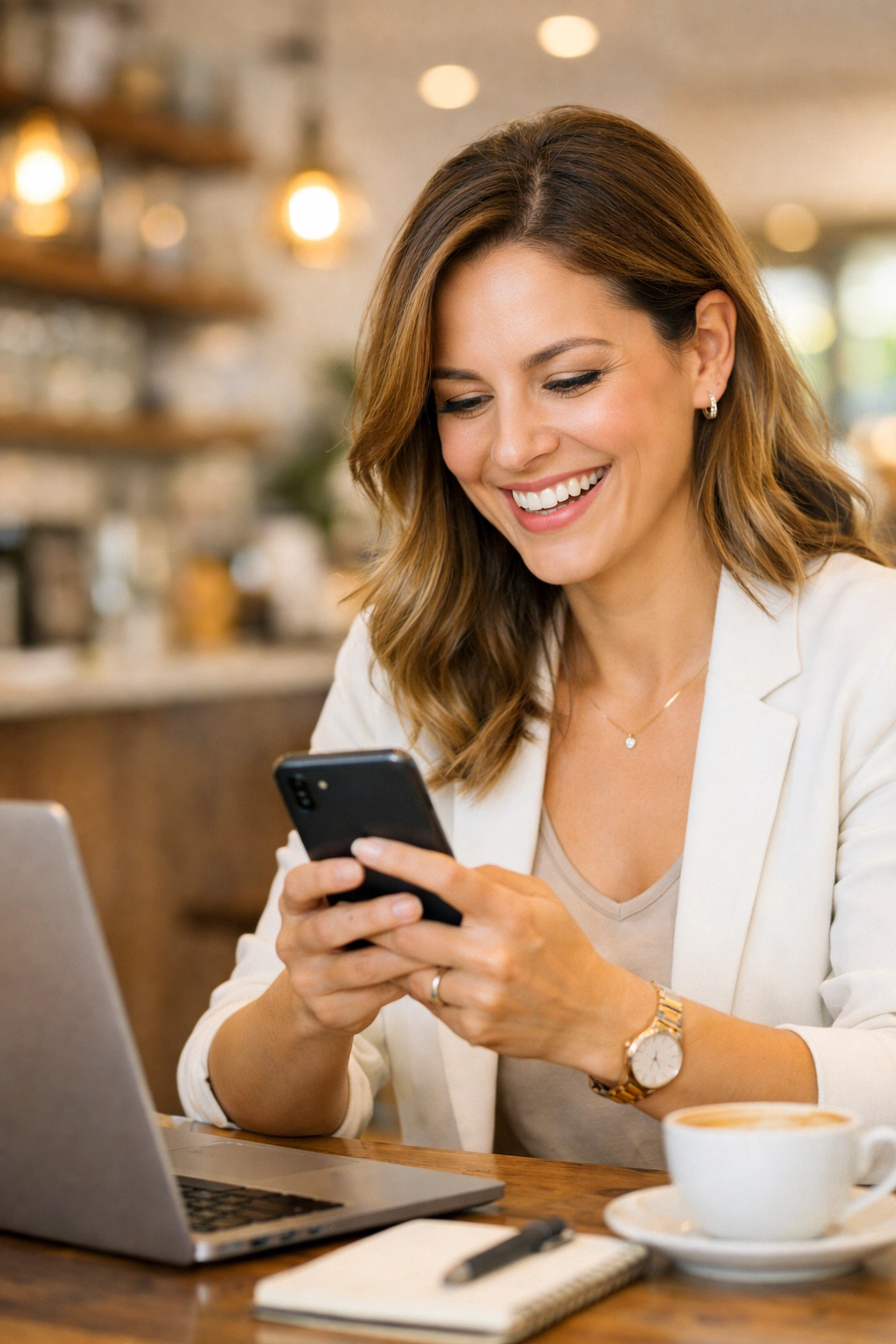 Happy entrepreneur managing leads on her phone using automated follow up to close sales.