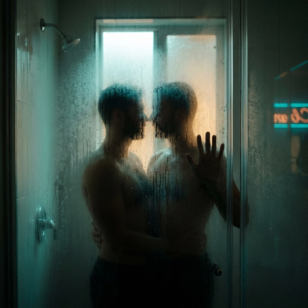 Steamy silhouette of a gay couple embracing in a hotel shower during a romantic getaway.