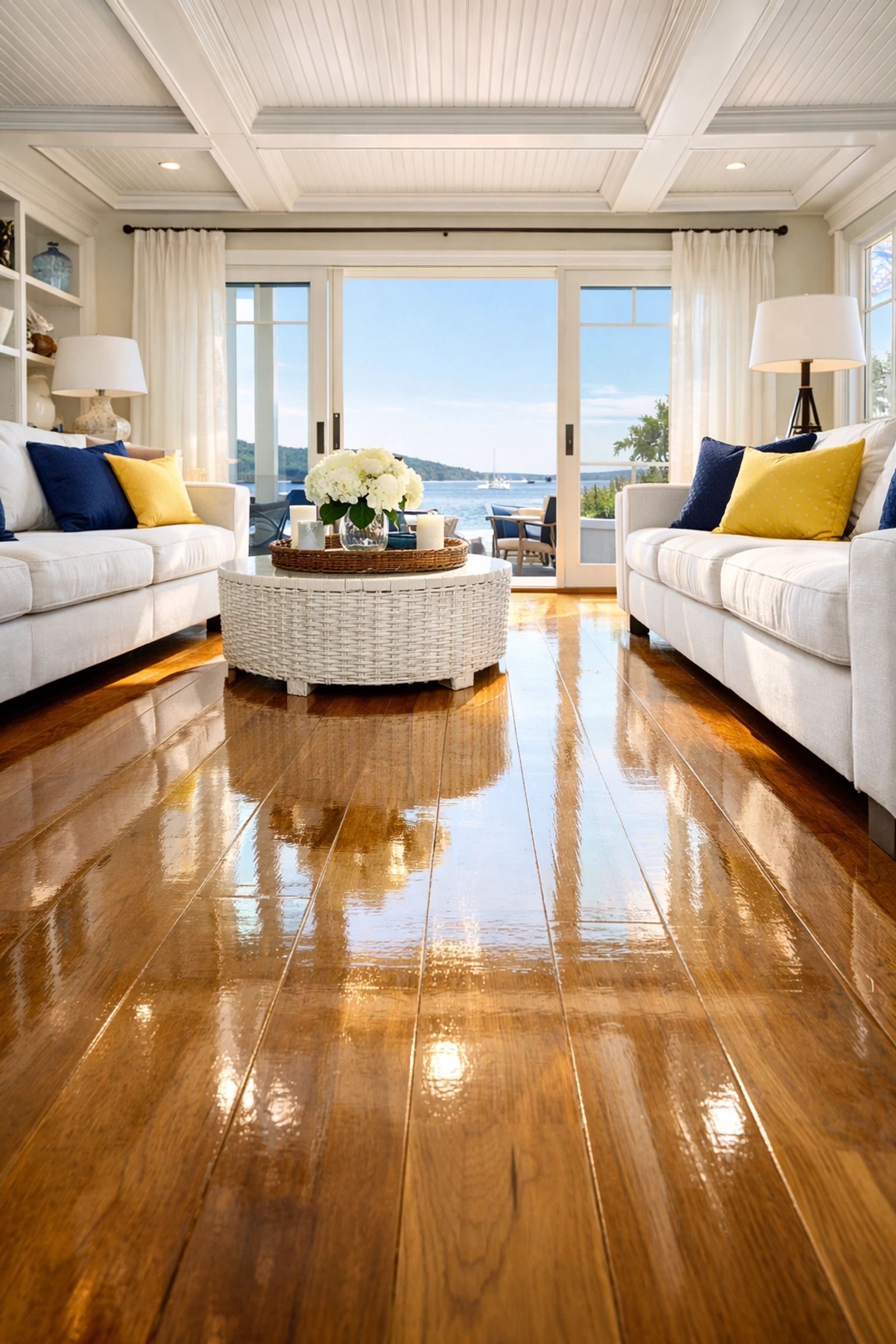 Gleaming hardwood floors in a clean Pocasset living room, perfect for weekly house cleaning services.