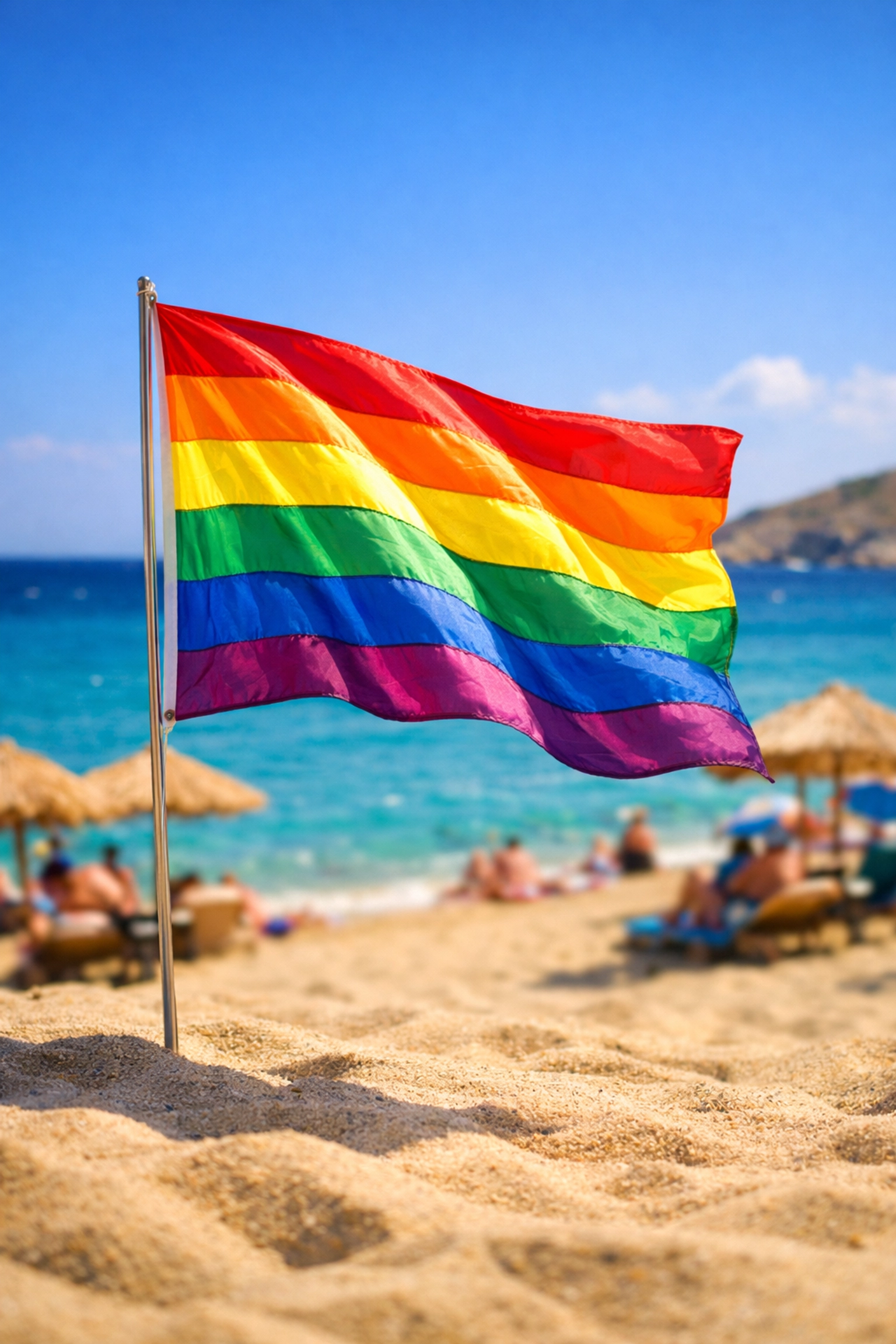 Rainbow pride flag marking LGBTQ+ clothing-optional section at Elia Beach, Mykonos