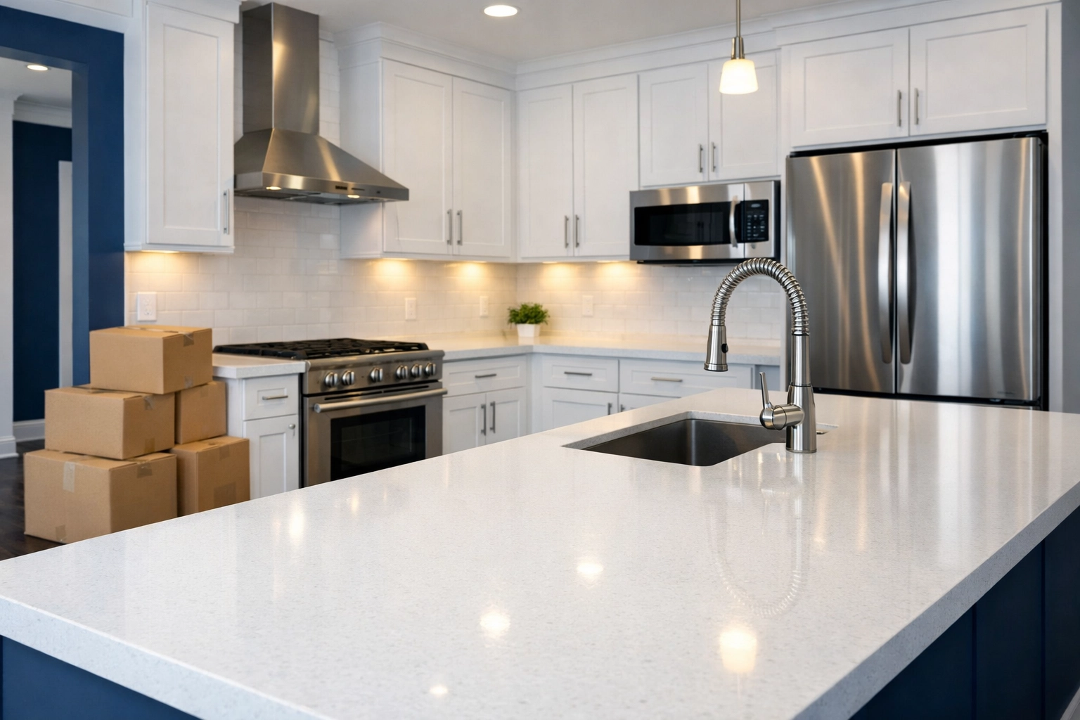 Sparkling kitchen with quartz counters ready for move-in House Cleaning Shirley MA.