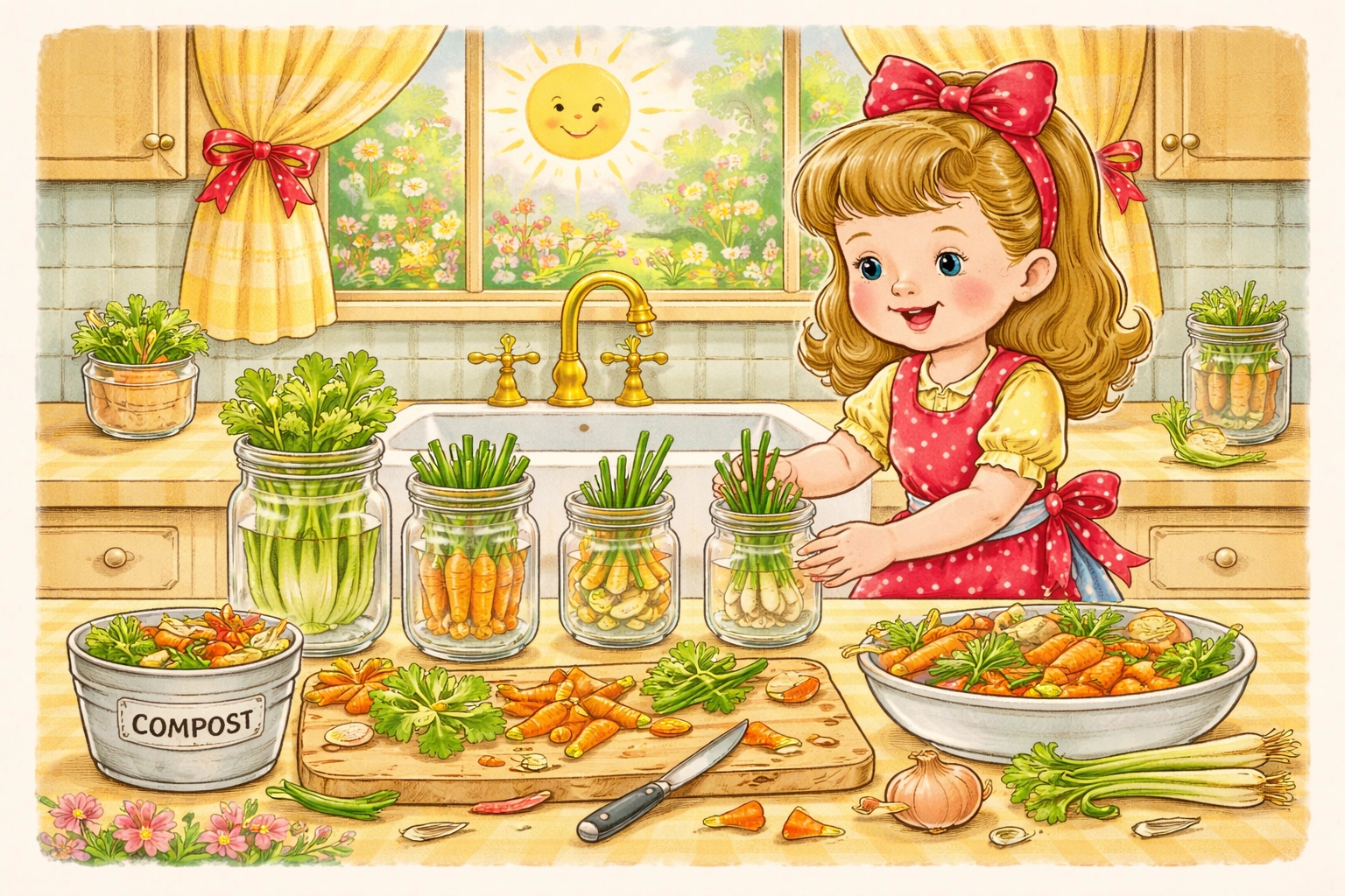 Child in vintage kitchen with vegetable scraps, jars, and sunlight, prepping for regrowing vegetables activity