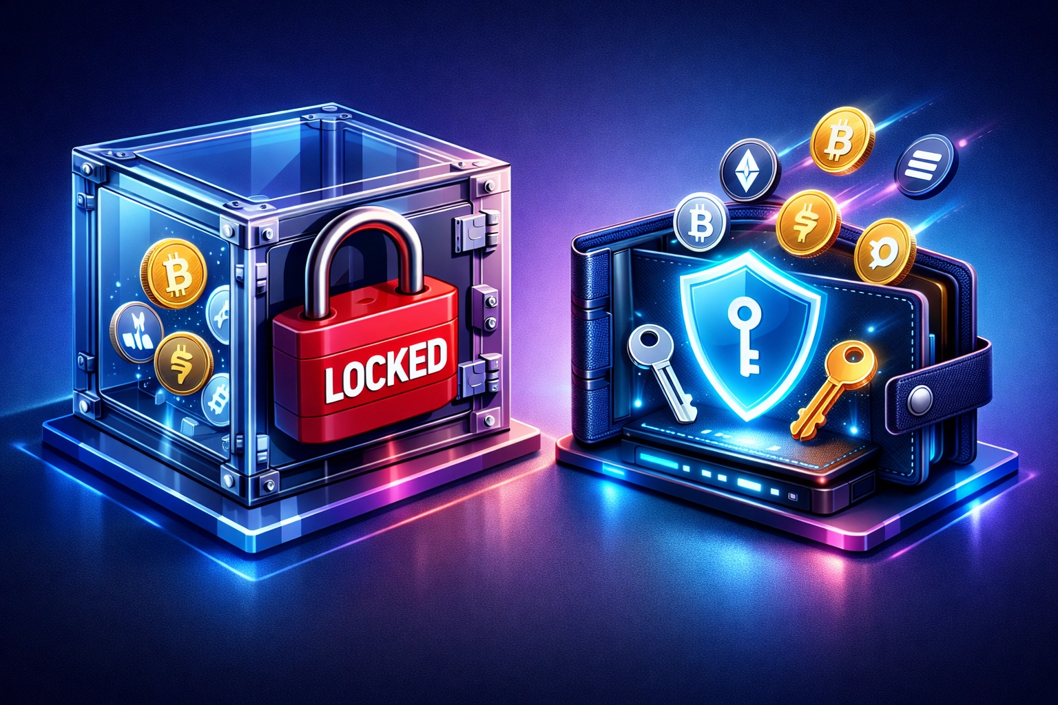 Self-custody crypto wallet with security vs locked custodial payment processor vault showing control difference