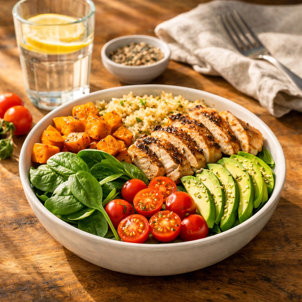 Healthy lunch bowl with quinoa, chicken, and vegetables for sustained afternoon energy