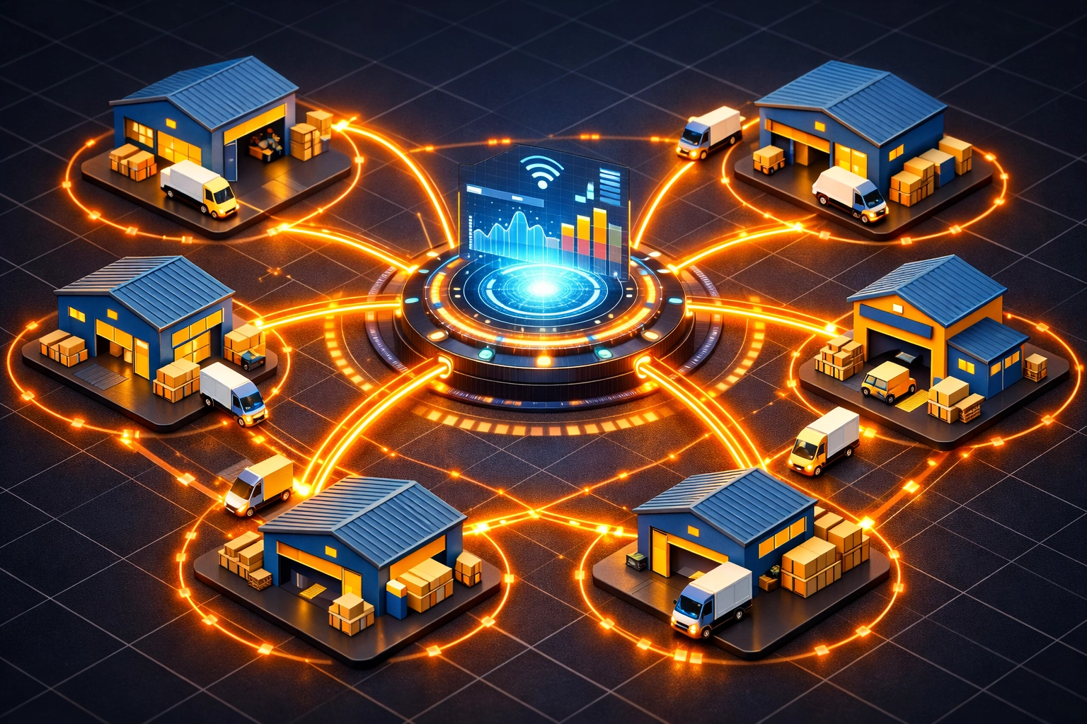Efficient marketplace network connecting a digital hub to regional supply warehouses.