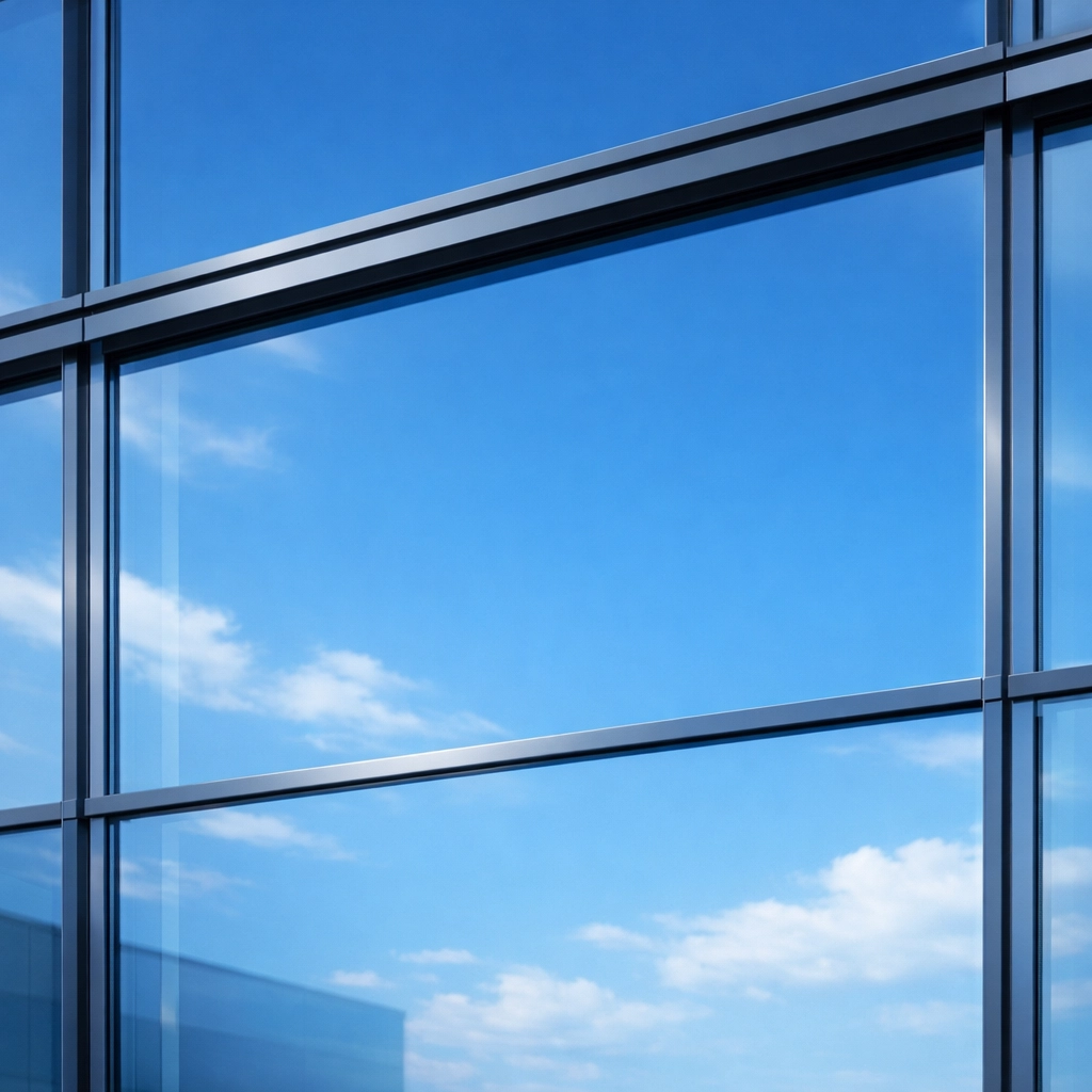 Streak-free clean windows on Cambridge building reflecting clear sky