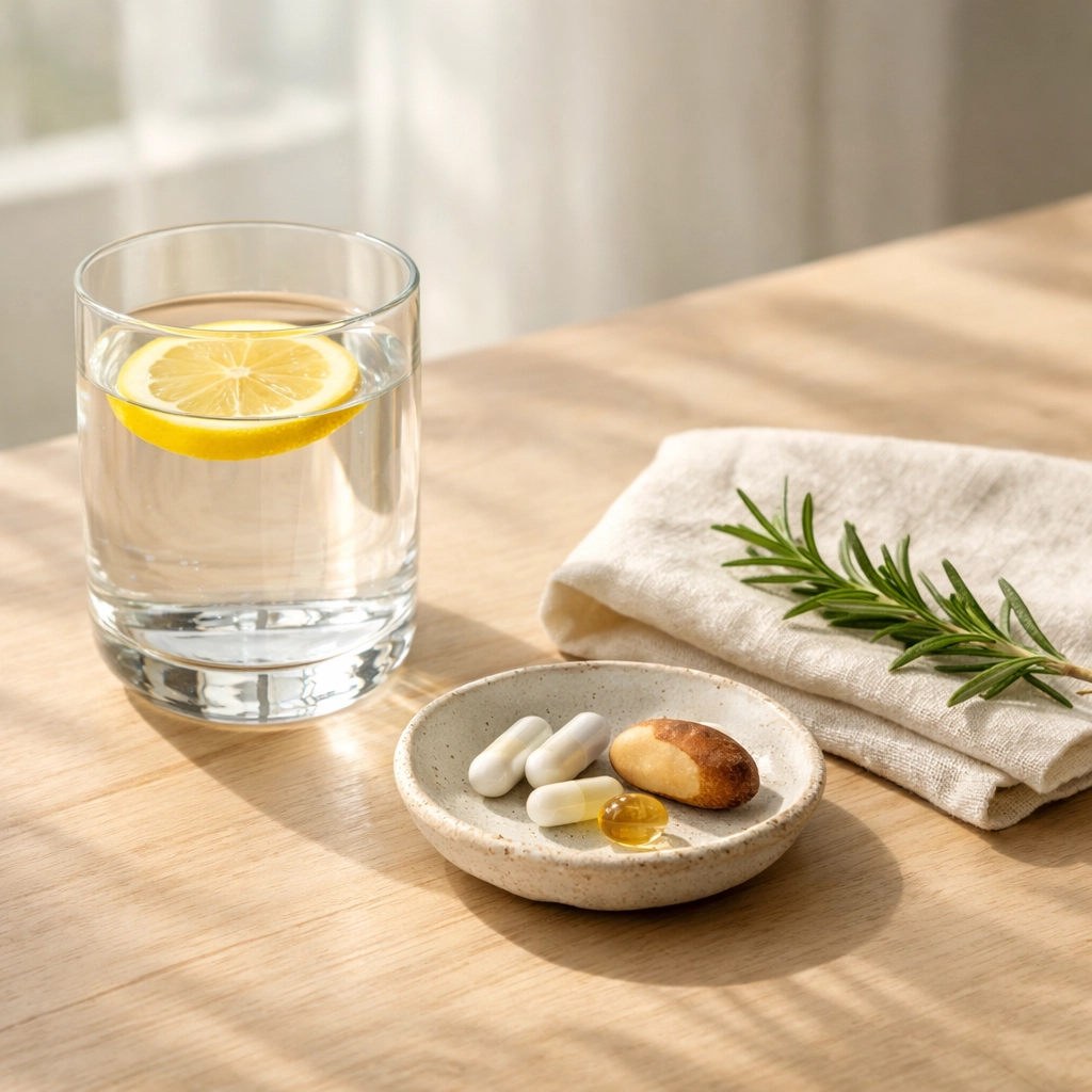 Natural thyroid support supplements and a Brazil nut on a sunny table for a morning health routine.