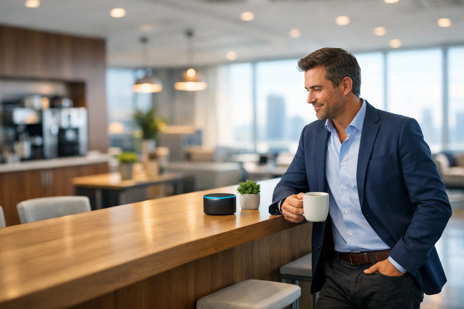 Modern professional receiving ServiceNow Xanadu platform updates via a voice-powered Alexa device.