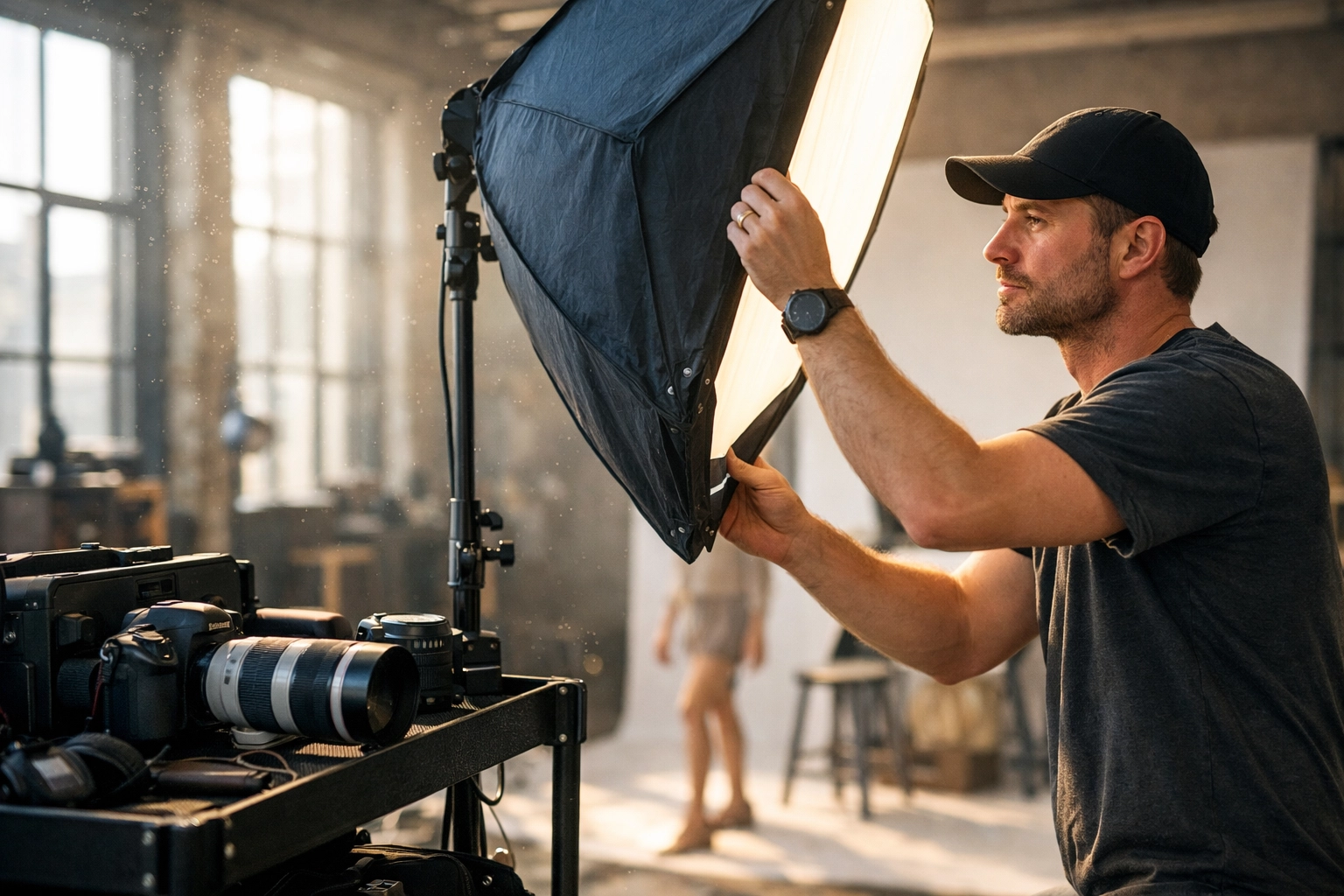 Professional photographer setting up lighting in an urban studio for a scheduled client photoshoot.