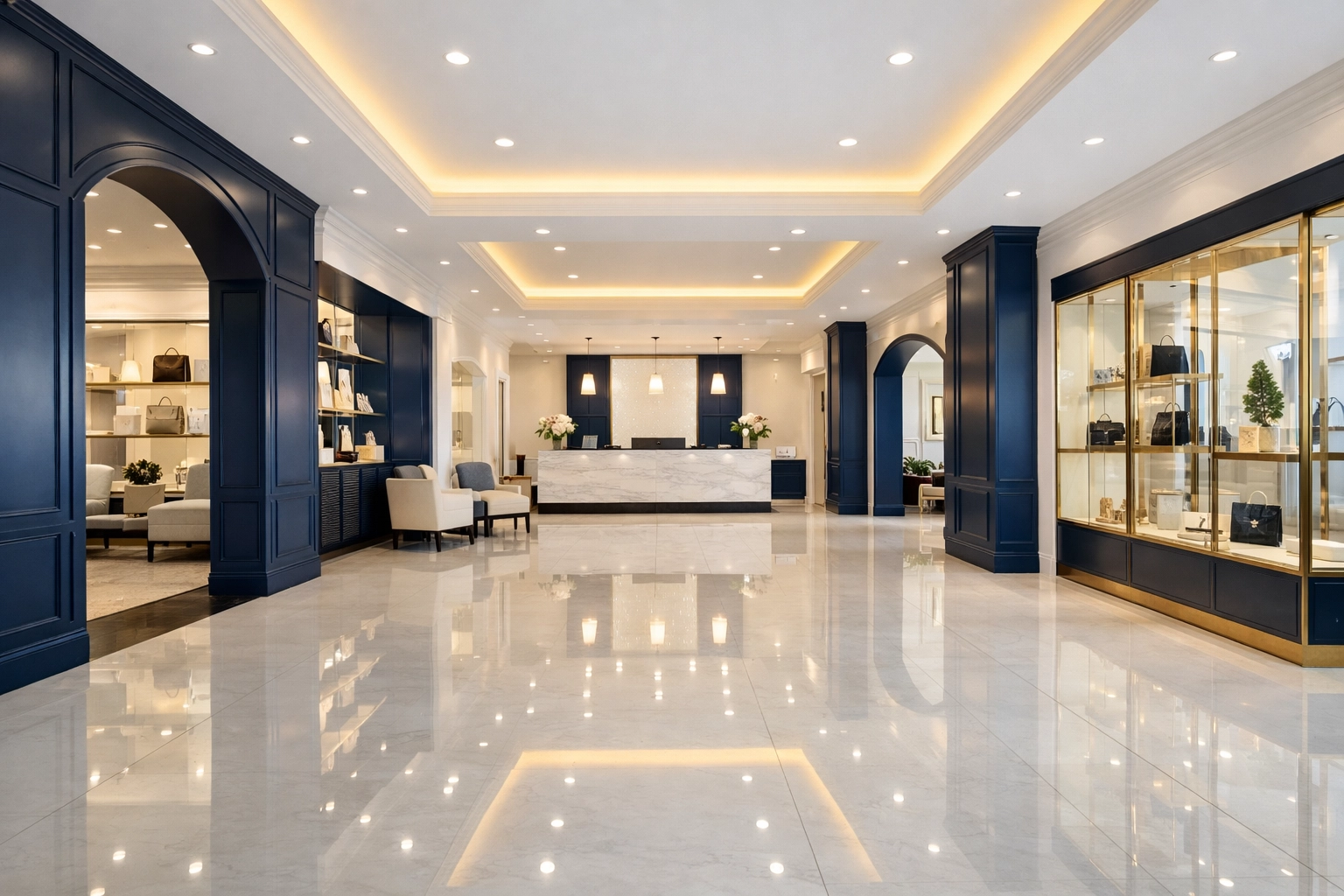 A pristine commercial lobby in Marlborough with gleaming floors after a professional deep cleaning.