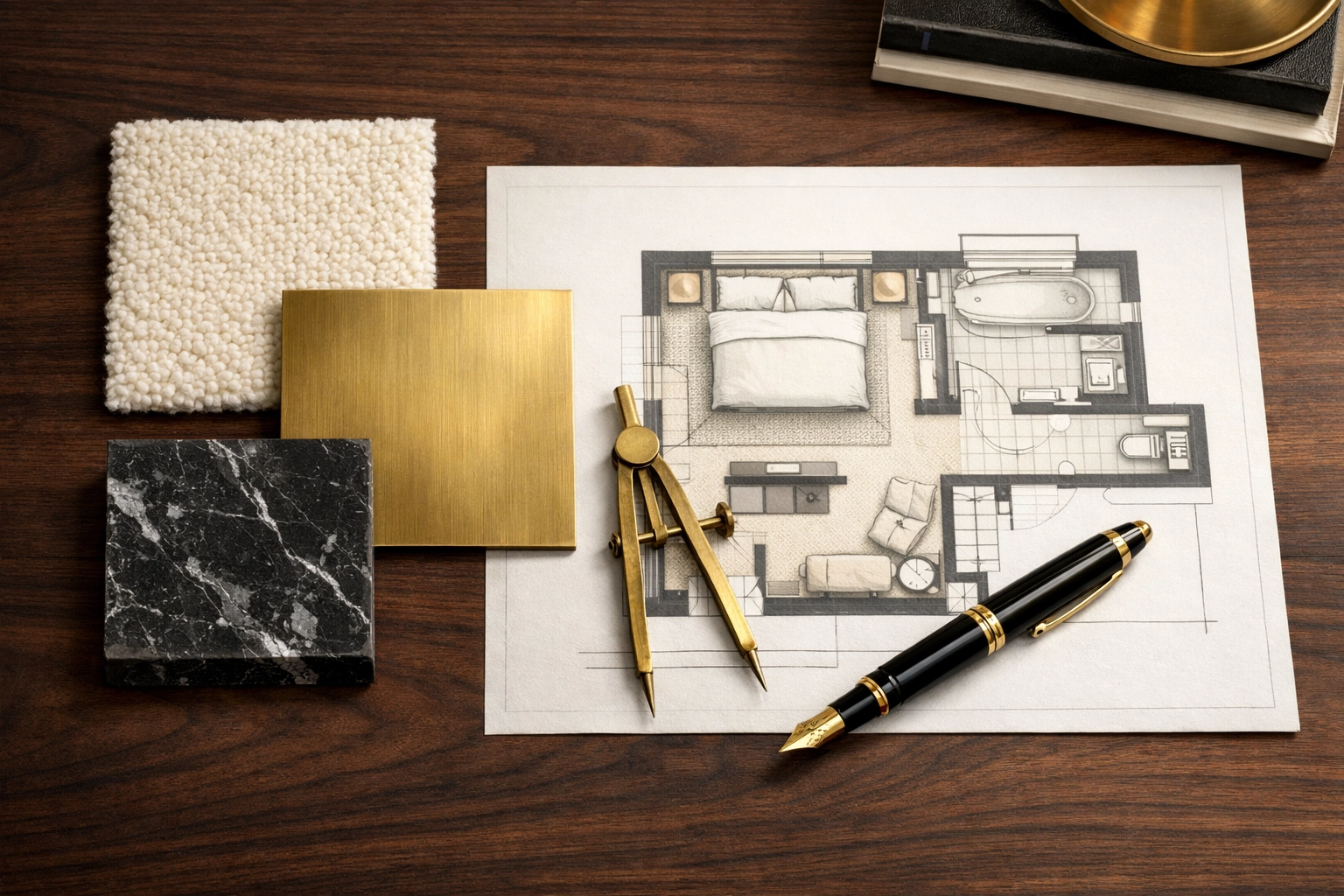 Bespoke furniture design process showing luxury material samples and architectural floor plans.