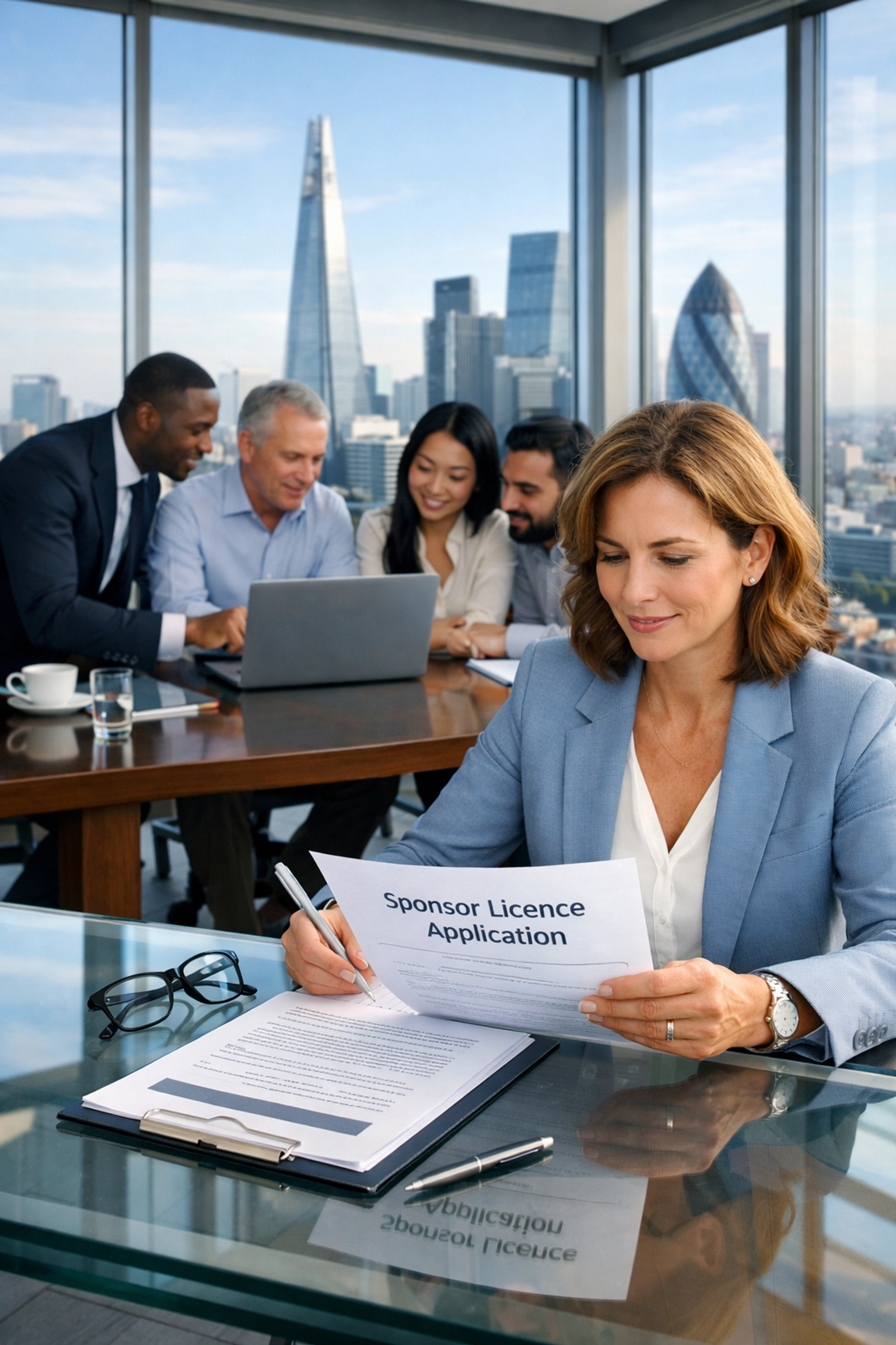 London business owner reviewing UK sponsor licence application with diverse team in modern office