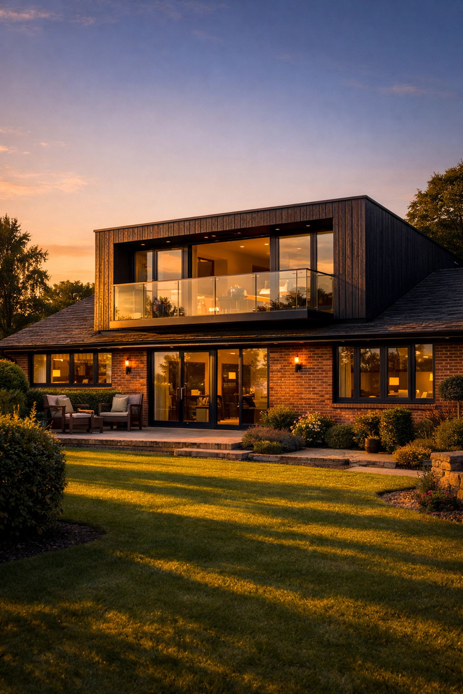 Modern two-storey bungalow transformation in West Sussex featuring timber cladding and large windows.